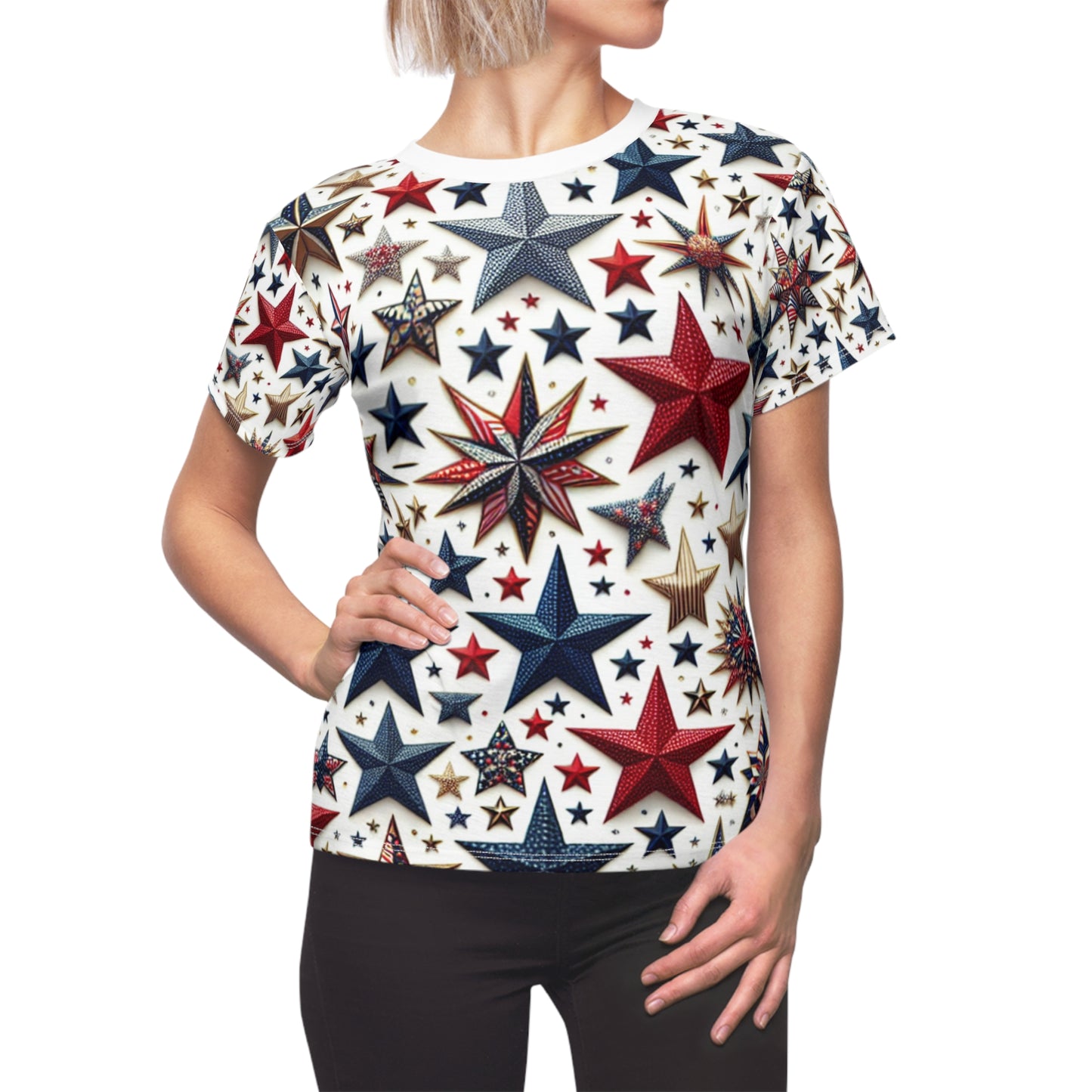 Patriotic Star-Spangled Women's T-Shirt in Red, Blue & Gold for Festive Celebration - Patriotic Streetwear Tee