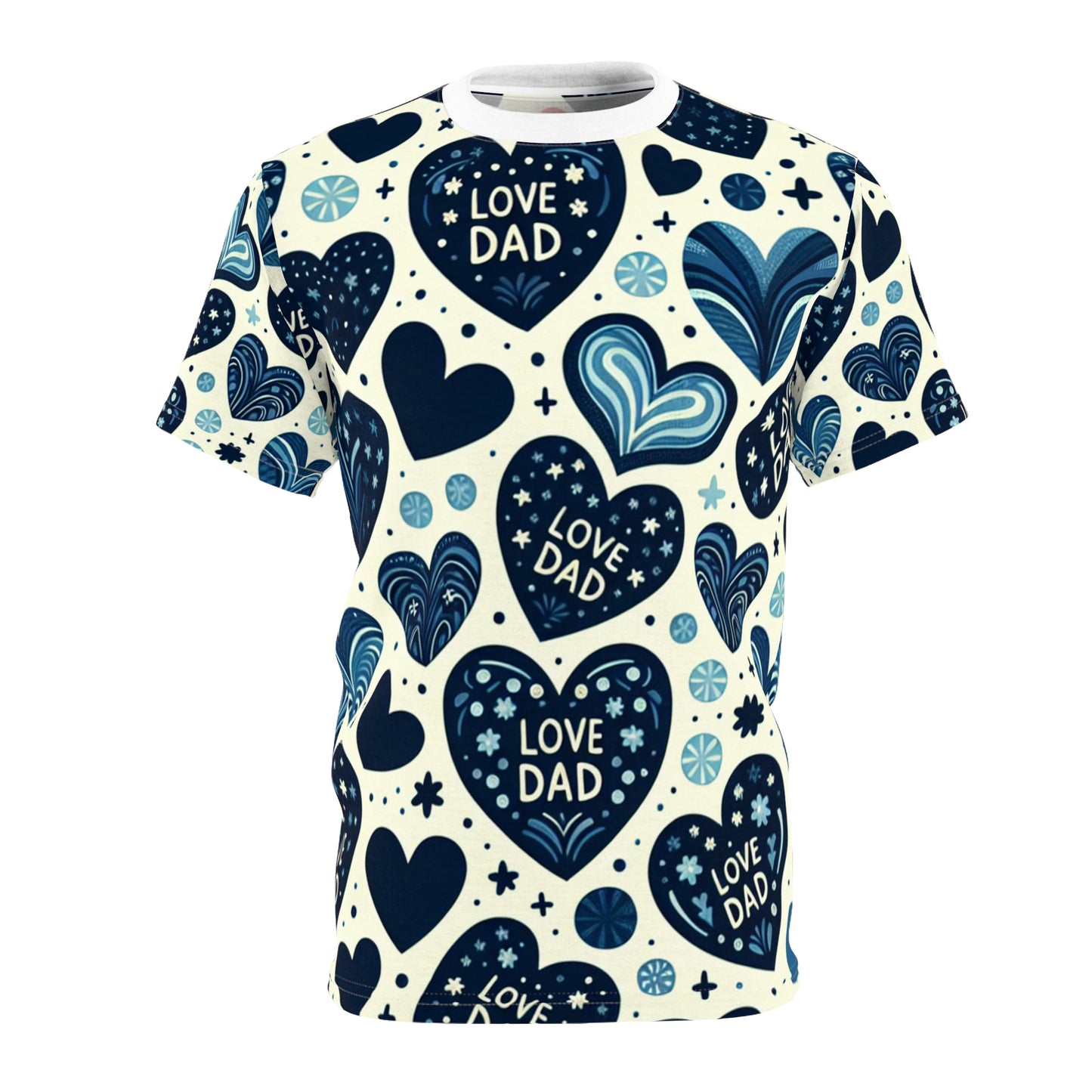 Love Dad Heart Pattern T-Shirt - Blue Shades on Navy, Starry Night Detail - Tender Father's Day Design Tee - Gift for Him