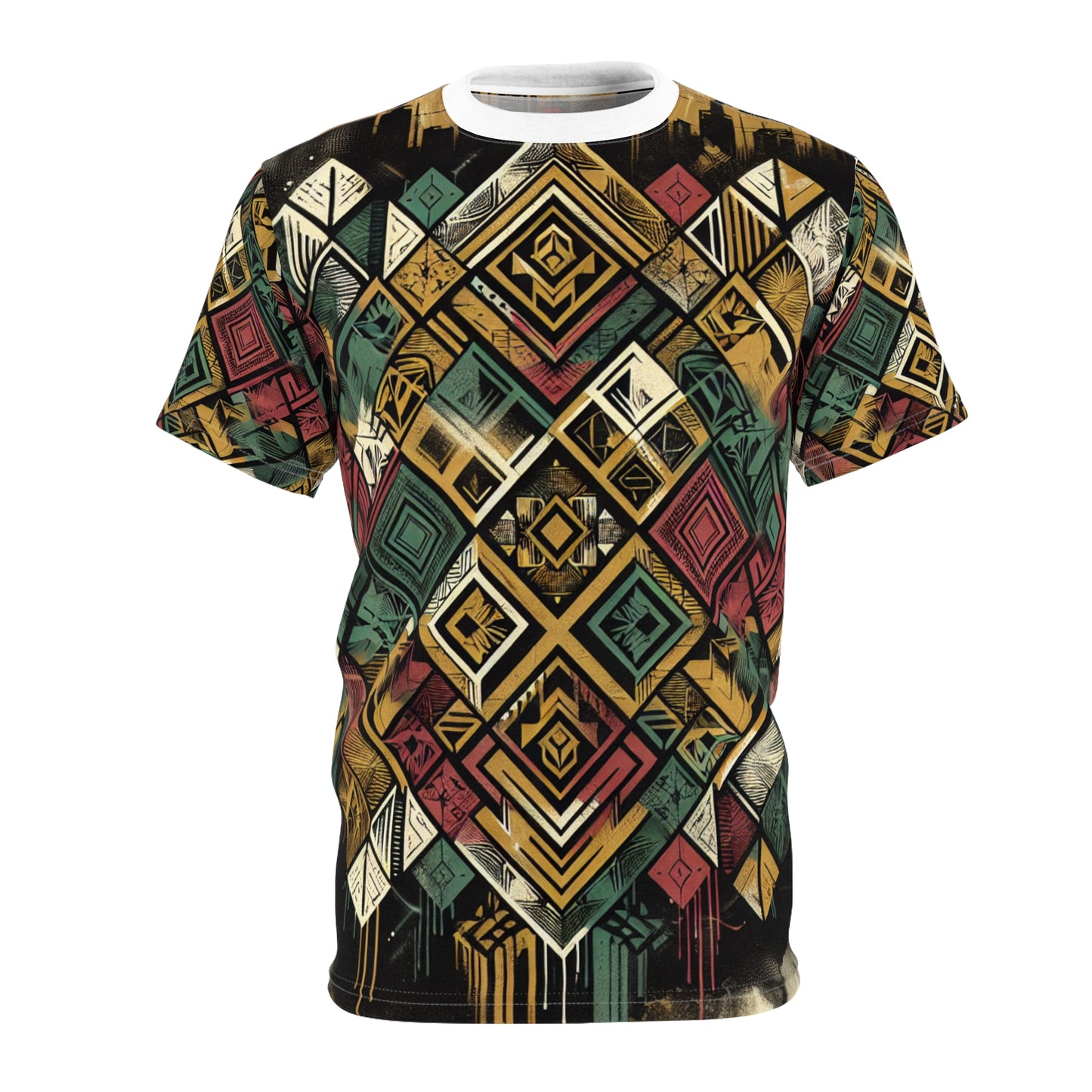 Urban Graffiti Meets African Artistry: Distressed Diamond-Grid & Geometric Tags T-Shirt - African Tribal Pattern-Inspired Tee