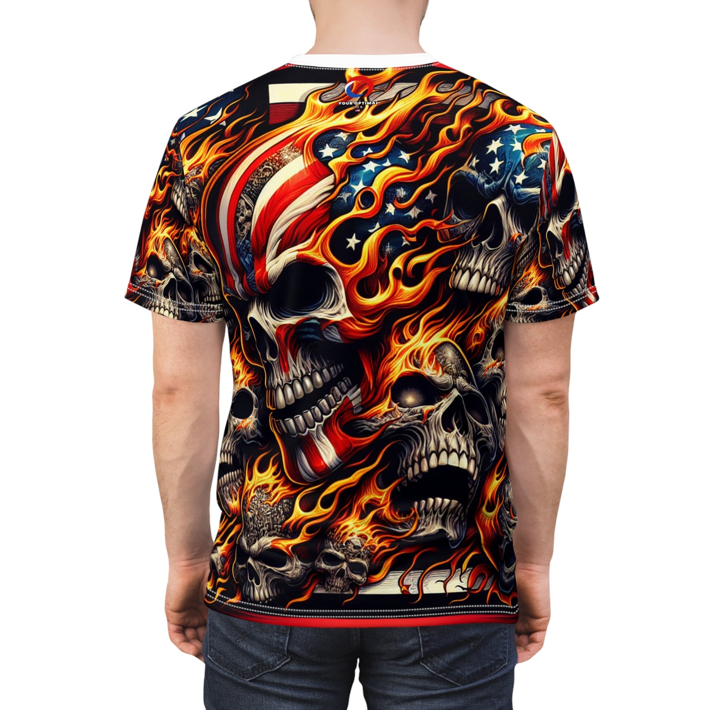 Skull Blaze Patriotism: Densely Designed Fire Fueled Skeleton Tee - Patriotic Streetwear Tee