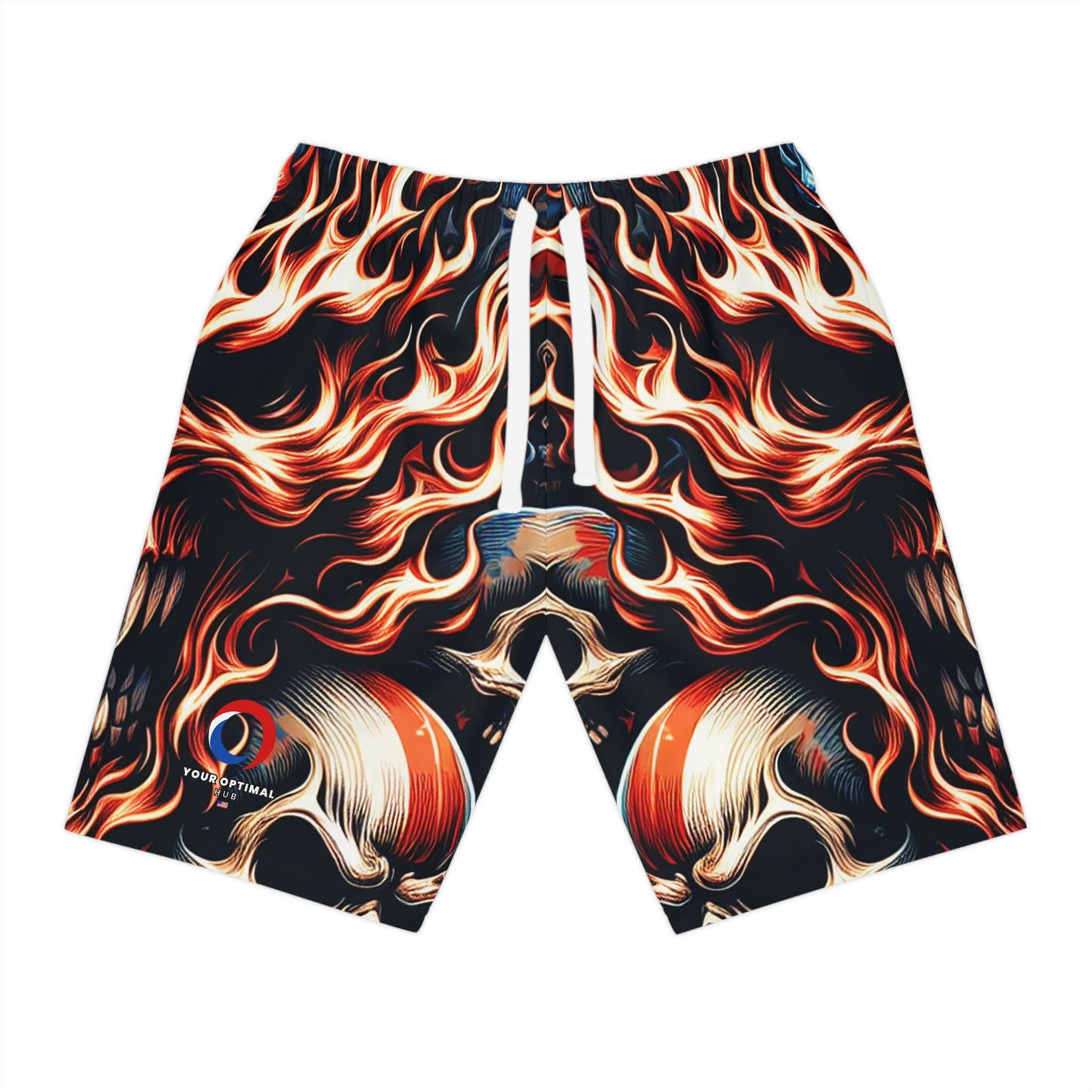 Inferno Patriot: Fiery Skulls on American Flag Motif Shorts - Patriotic Streetwear Shorts