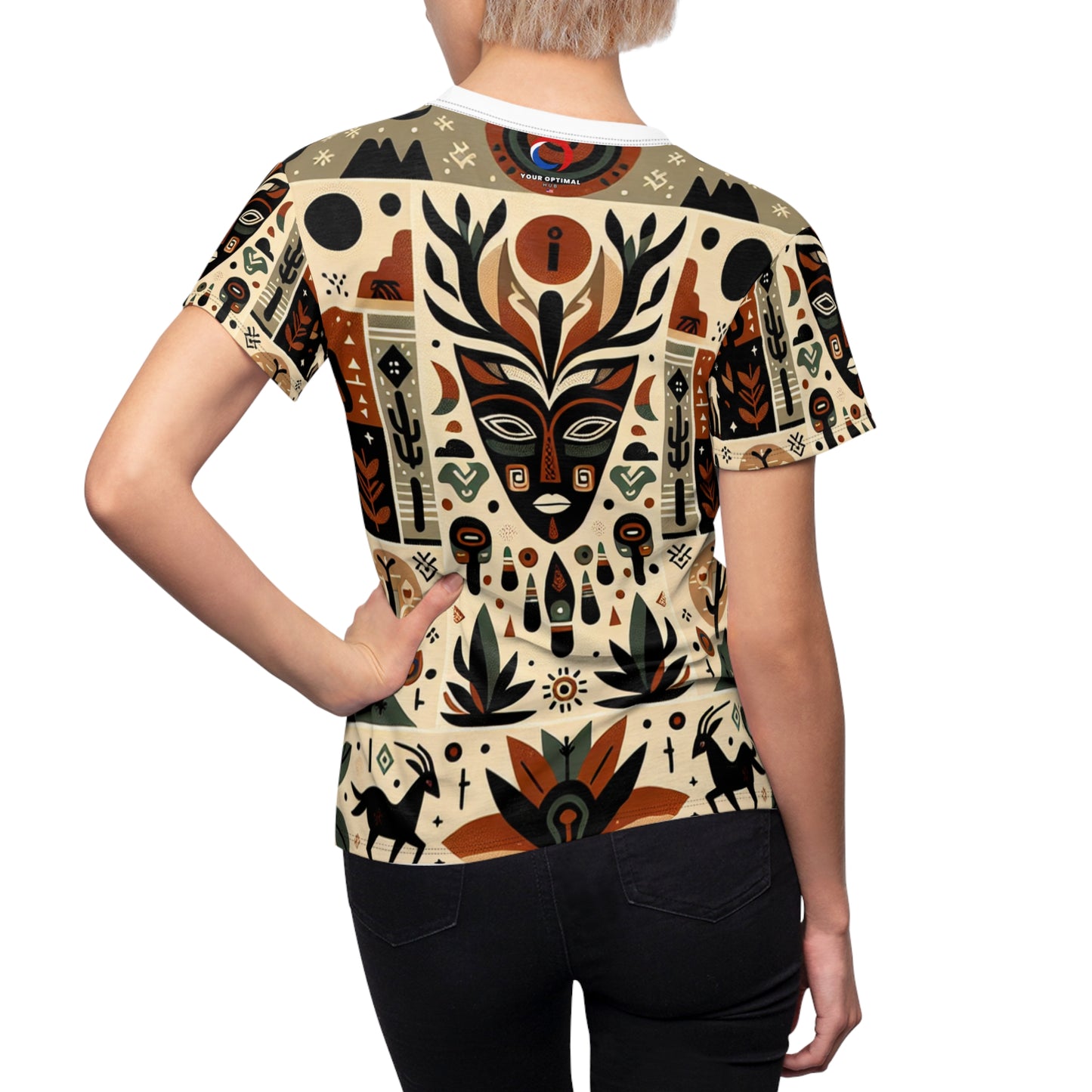 African & Southwestern Fusion Women's T-Shirt: Mythic Totem Design, Geometric Fauna & Flora Motifs - African Tribal Pattern-Inspired