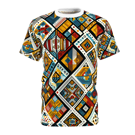 Vibrant African Tribal Diamond Grid T-shirt: Bold Colors, Intricate Textures & Symbols - African Tribal Pattern-Inspired Tee