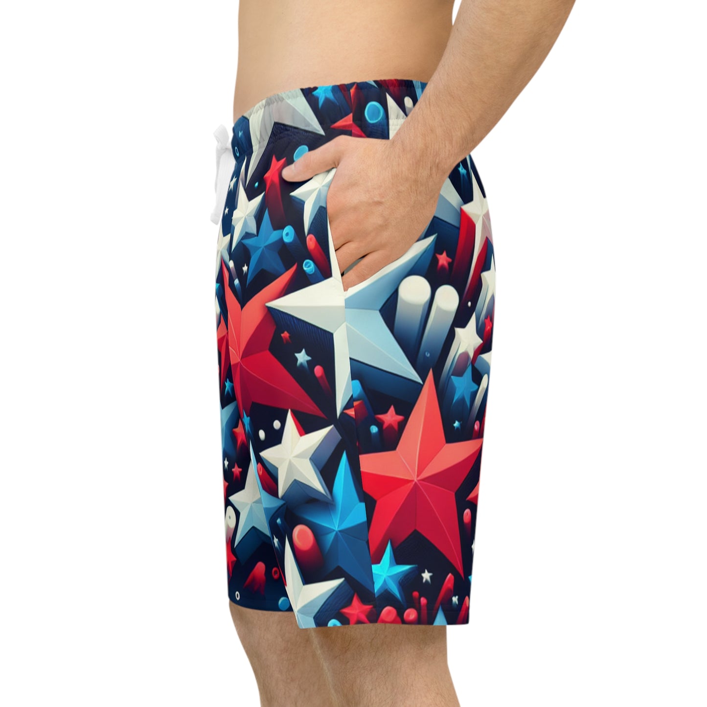 3D Patriotic Star Blast Shorts - Vibrant Red, White & Blue Star Scattering on Deep Blue Background - Patriotic Streetwear Shorts