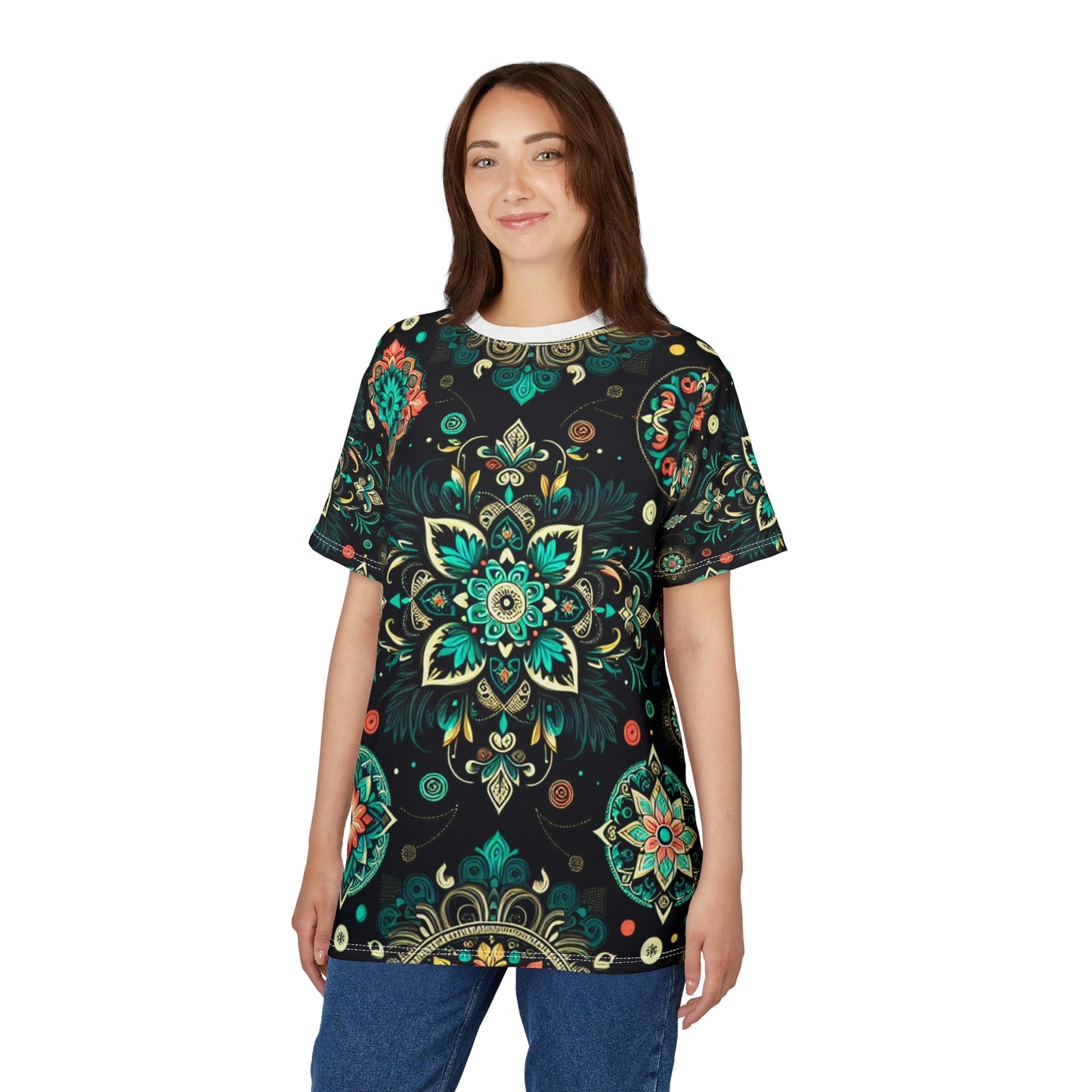 Neon UV Indian Motif Tee – Bioluminescent Floral & Geometric Glow Pattern on Black Shirt