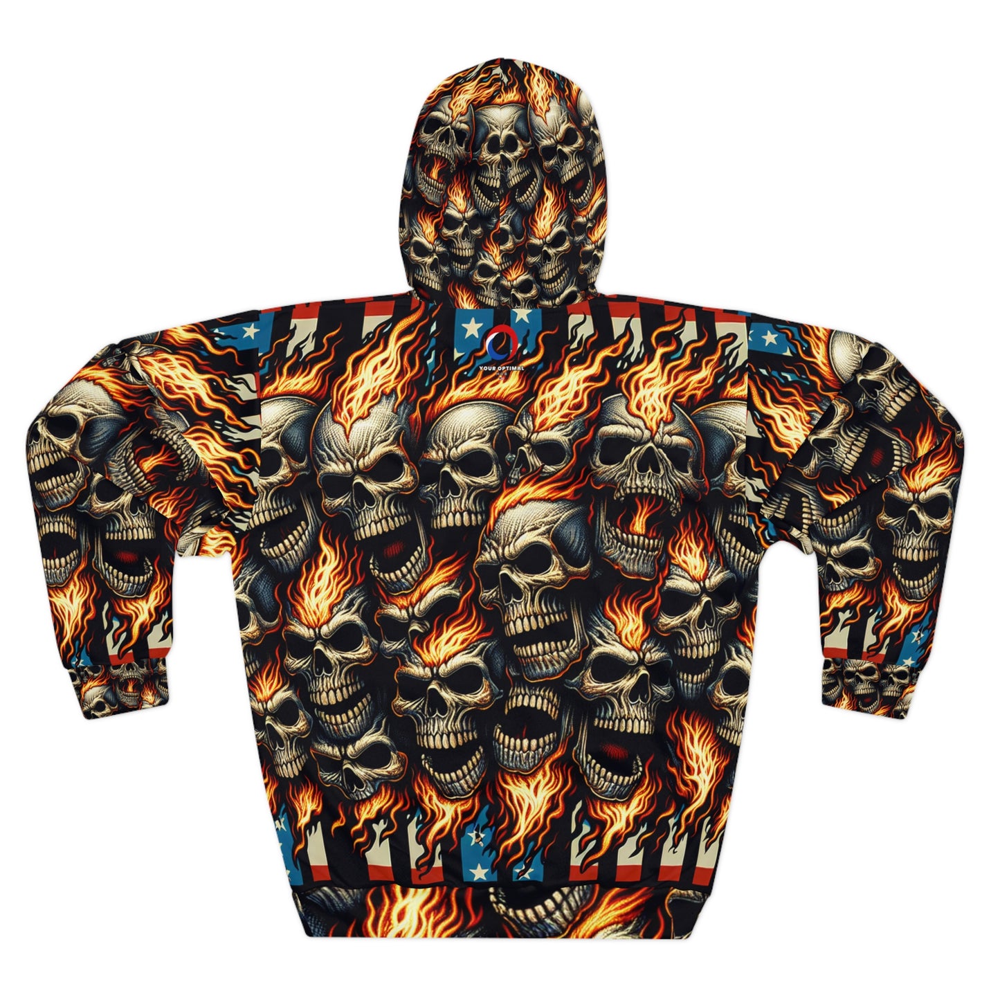 Inferno Patriot: Skull Blaze Tattoo Artistry Hoodie - Patriotic Streetwear Hoodie