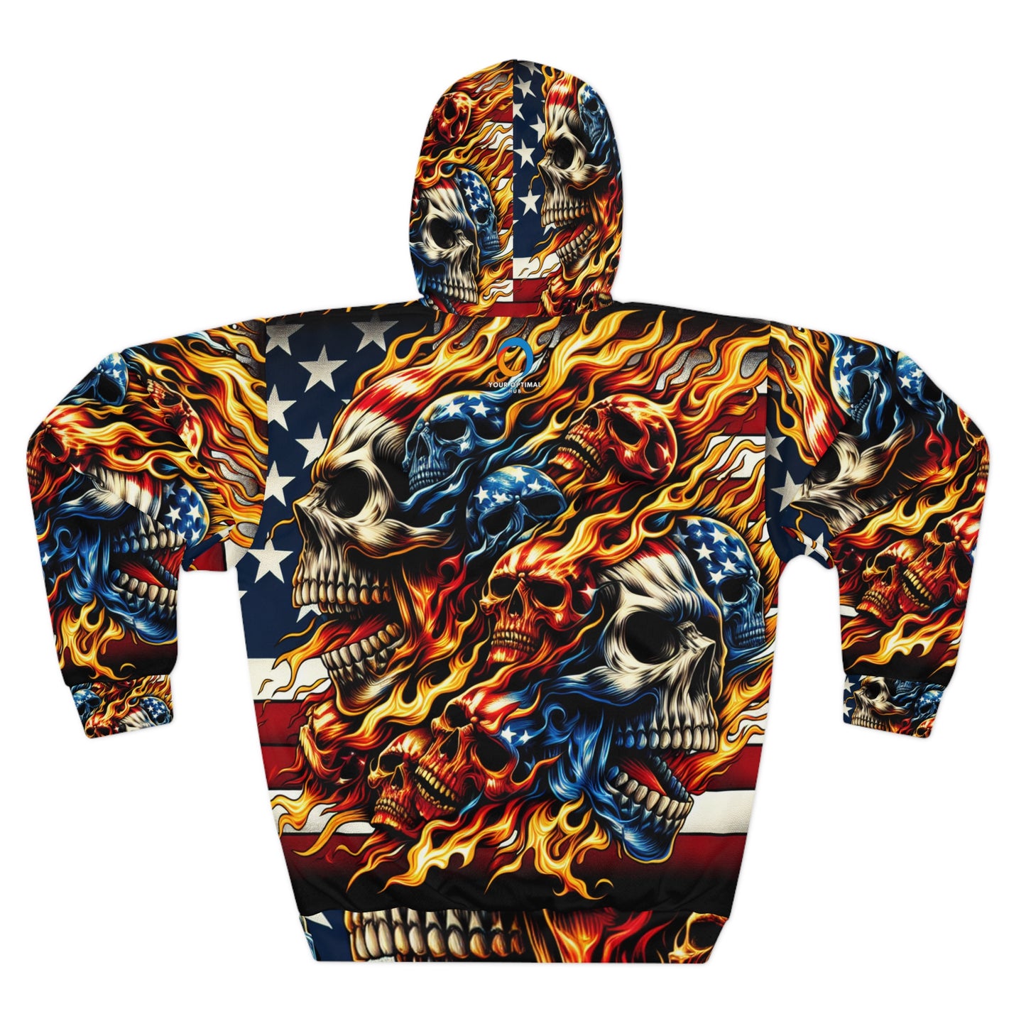 Fiery Skull Hoodie with American Flag Tattoo Style Bold Flames and Patriotic Stars - Patriotic Streetwear