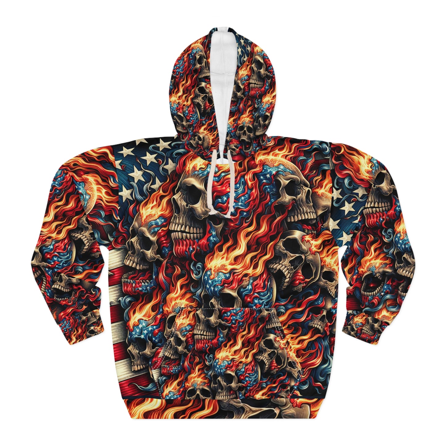 Inferno Patriot: Tattoo-Inspired, Skull-Intensive, American Flag-Motif Hoodie - Patriotic Streetwear Hoodie