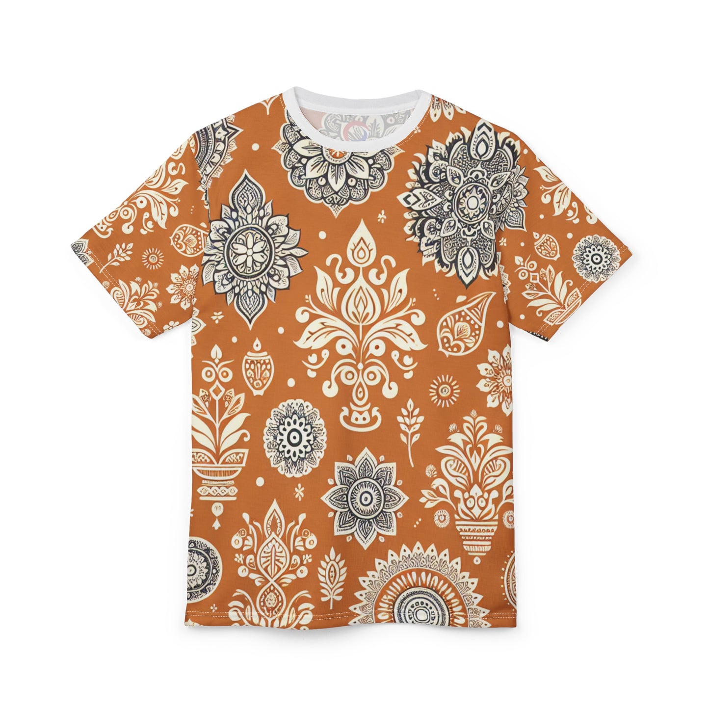 Traditional Indian Motif Print T-Shirt - Luxury Floral & Geometric Seamless Pattern - White on Orange - Modern Ethnic Décor Design Style