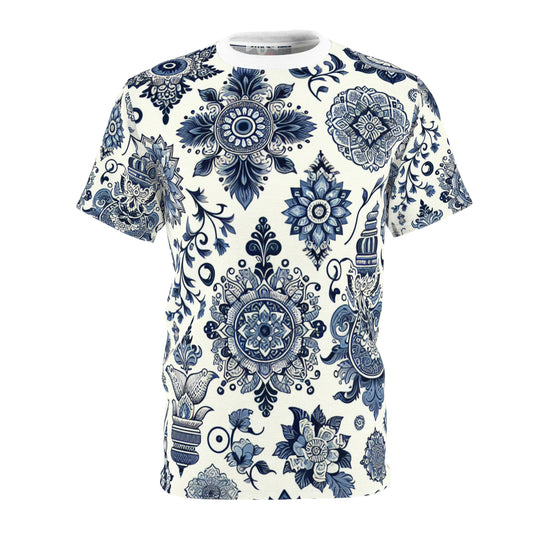 Classic Blue Minimalist T-Shirt Featuring an Intricately Scattered Traditional Indian Motifs Pattern - Modern Indian Design Tee