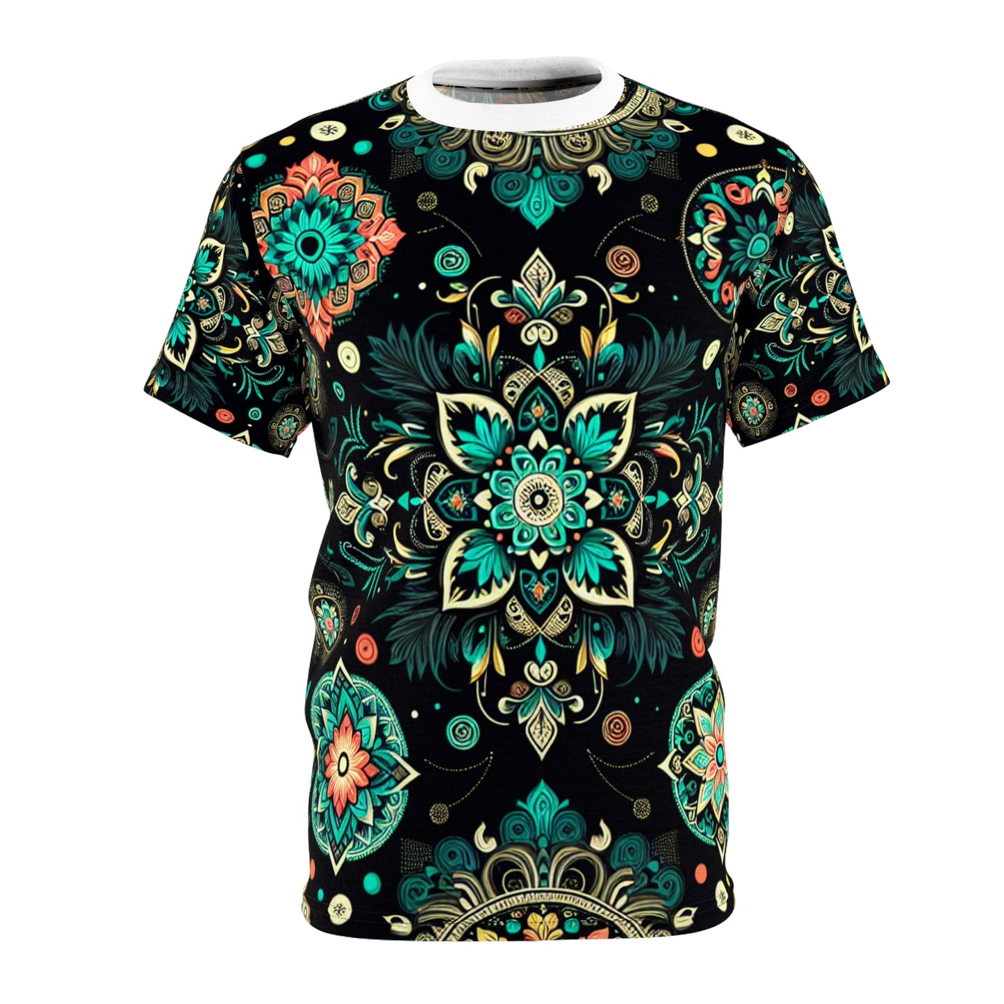 Neon UV Indian Motif Tee – Bioluminescent Floral & Geometric Glow Pattern on Black Shirt
