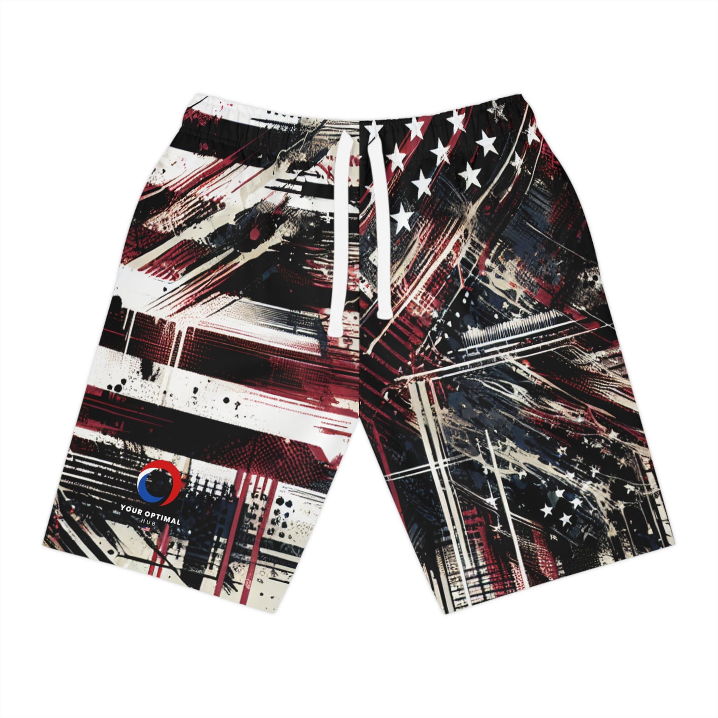 Grunge-style Patriotic Streetwear Shorts: Distressed American Flag with Urban Graffiti Elements