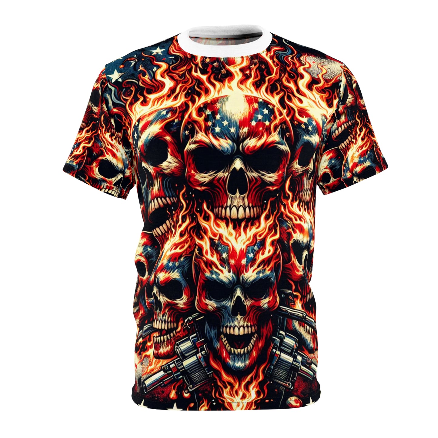 Flaming Skull Spectacle: Patriotic Tattoo Mastery T-Shirt - Patriotic Fashion Tee