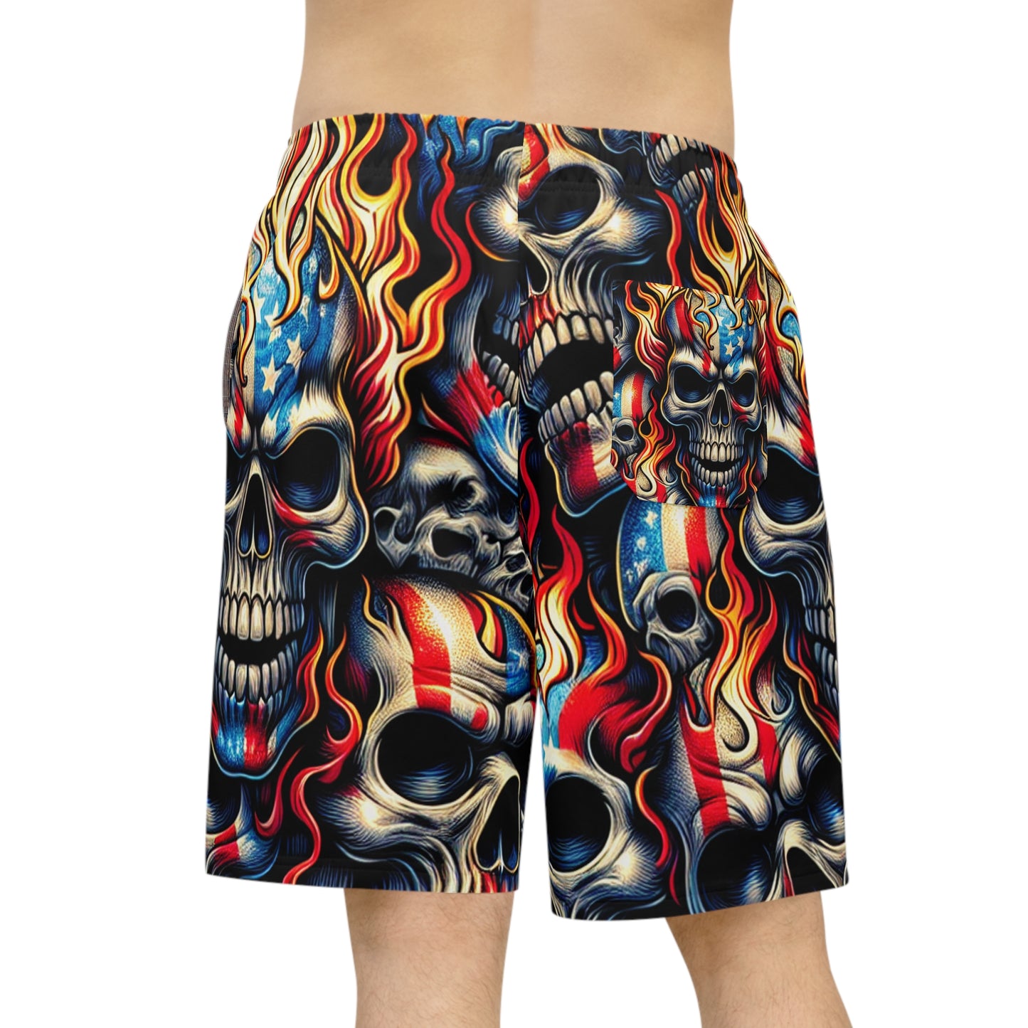 Inferno Skull Cascade: Patriotic Fusion Shorts - Patriotic Streetwear Shorts