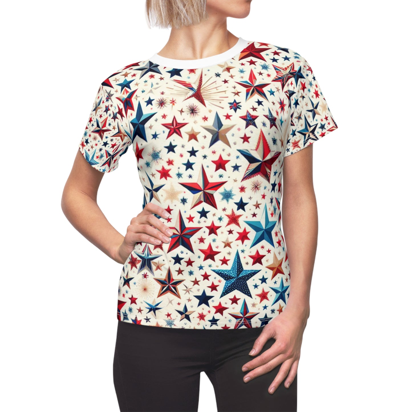 Women's Joyful Patriotic Star-Scattered T-Shirt - Vibrant Red, Blue & Gold for Festive Celebrations - Patriotic Streetwear Tee