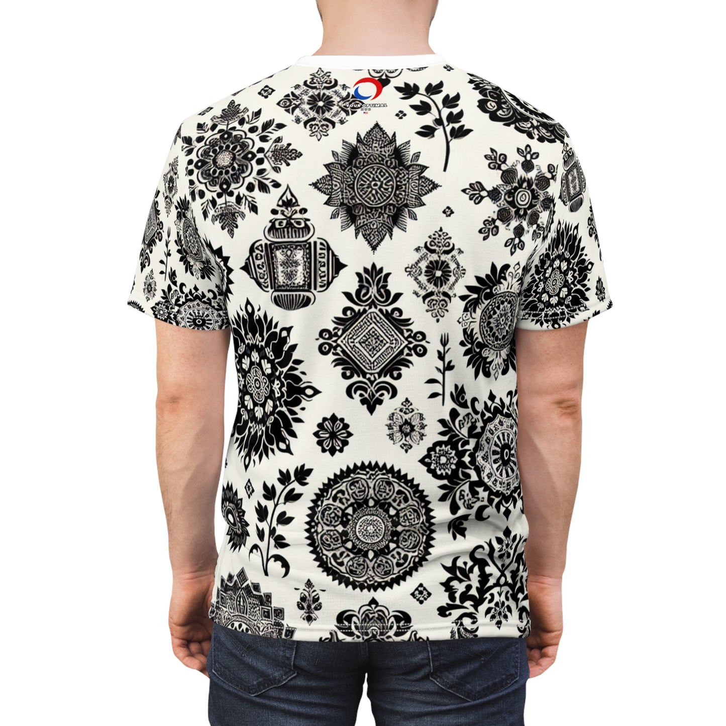 Traditional Indian Motifs Collection: Black & White Geometric & Floral Seamless Patterned T-Shirt - Intricately Crafted with Modern Minimal Aesthetic