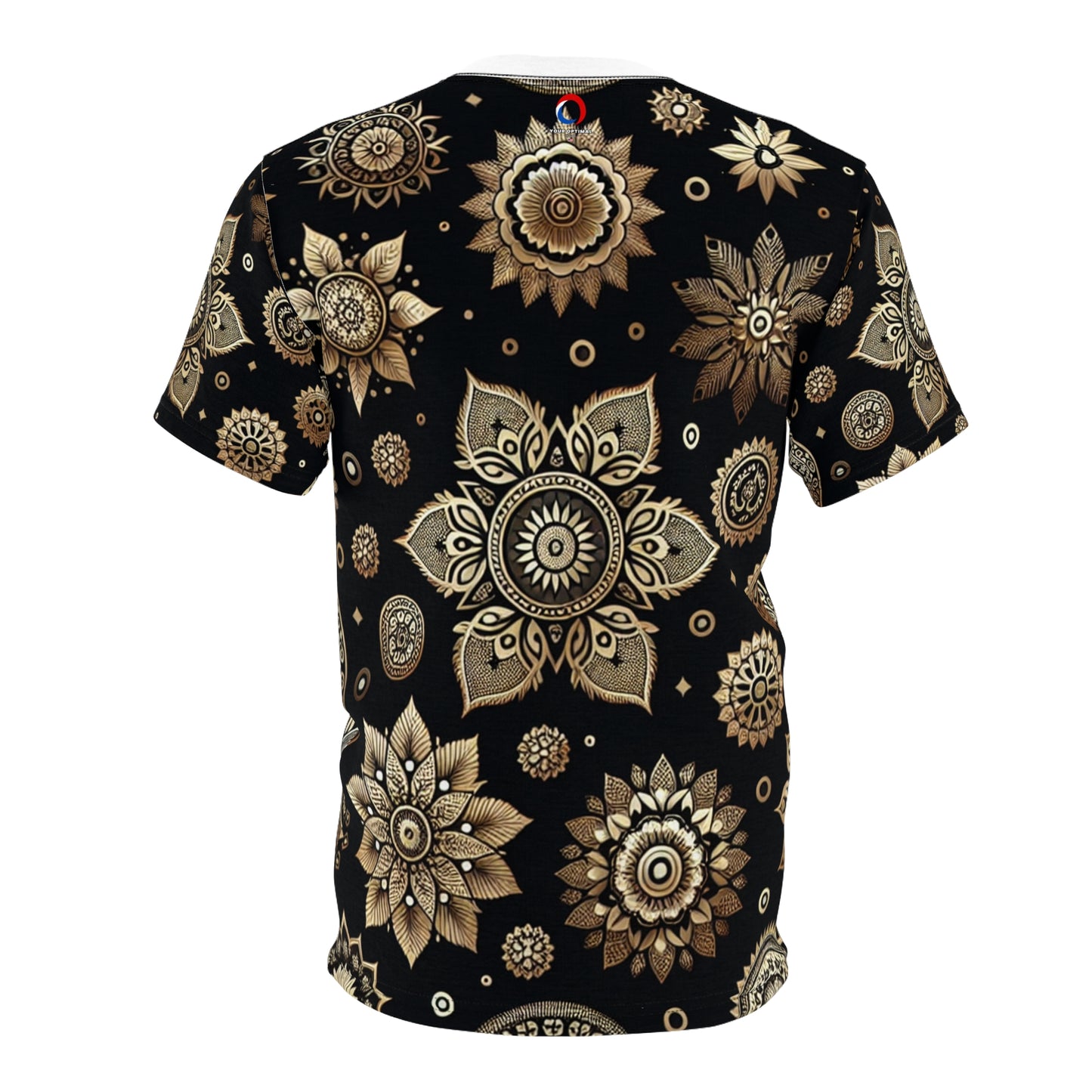 Luxurious Golden Indian Motif Tee - Scattered Traditional Designs on Black - Rich Heritage Elements - Floral & Geometric Styles