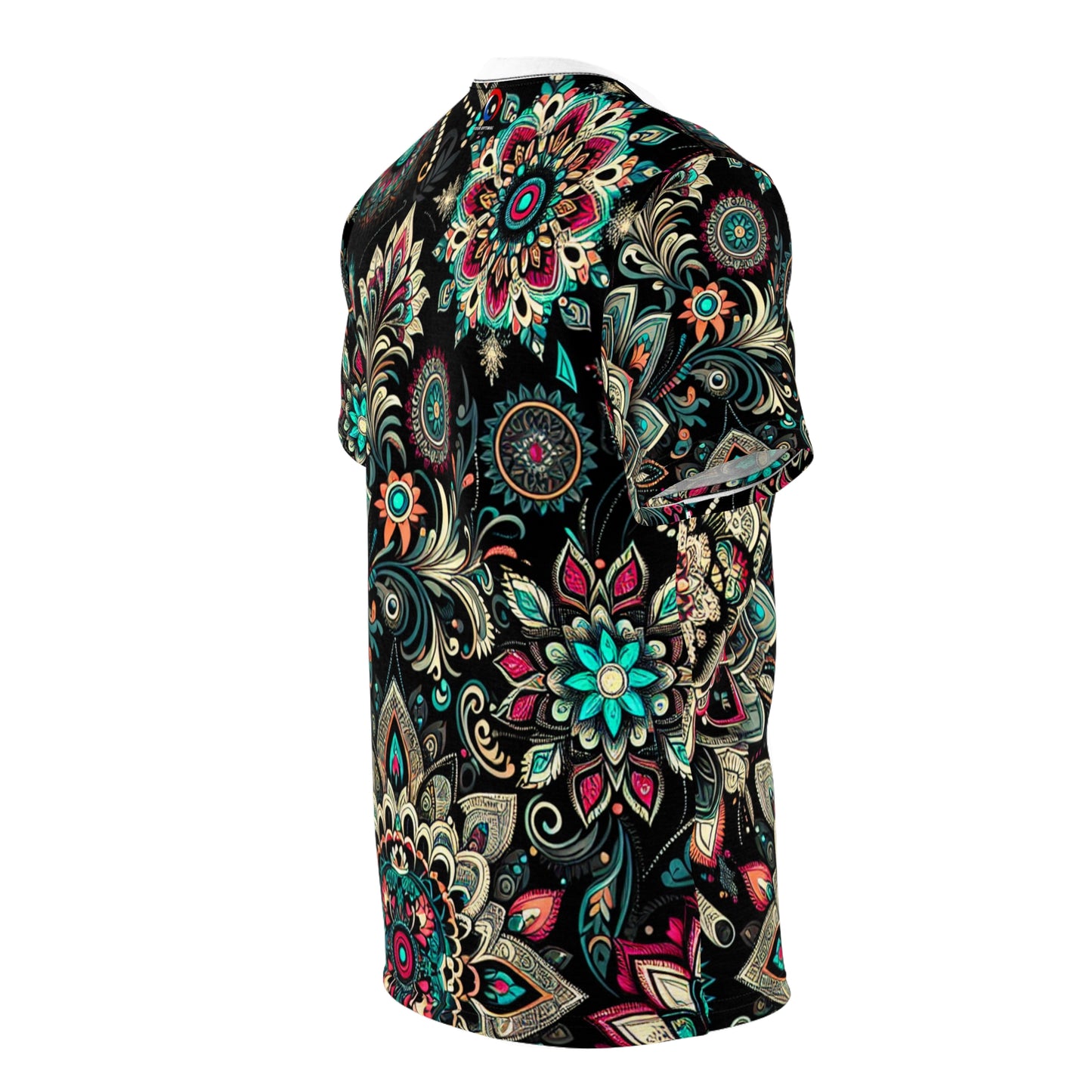 UV Reactive Traditional Indian Motifs T-Shirt - Scattered Radiating Bioluminescent Print on Black Background