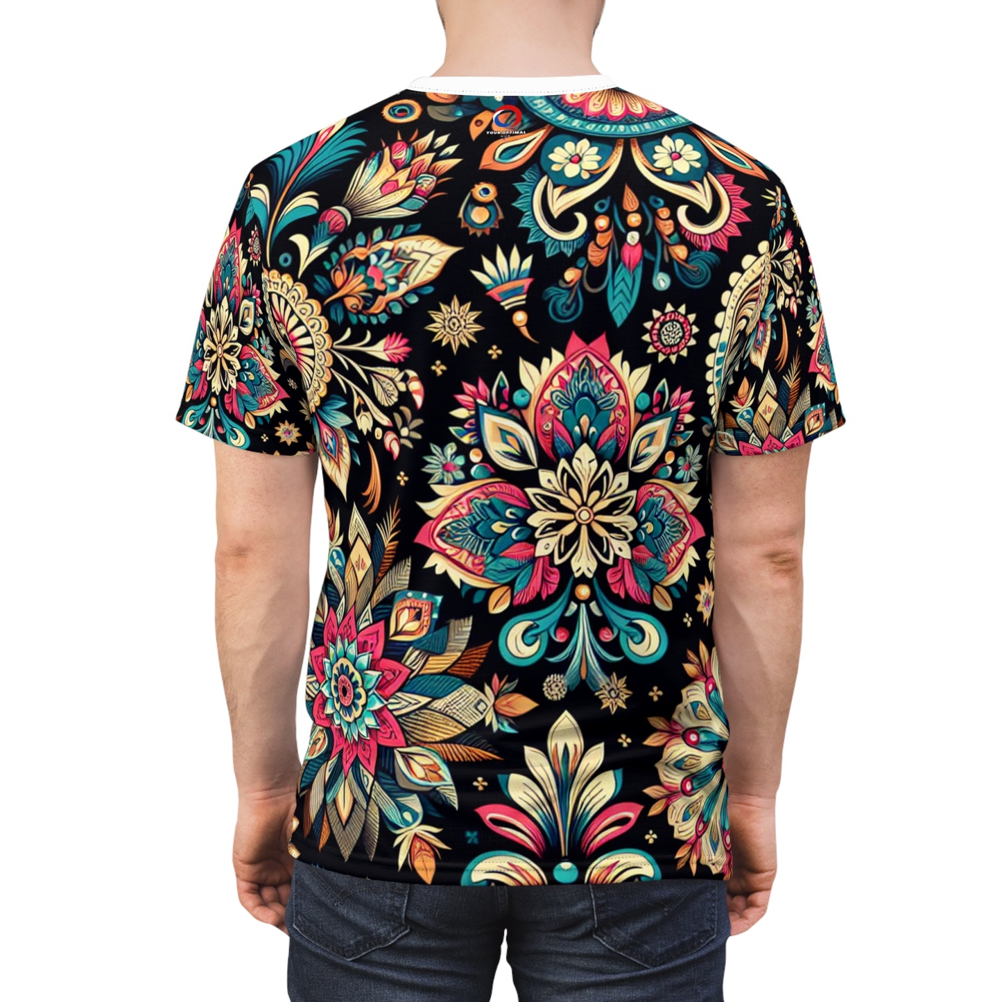 UV Reactive Boho-Chic T-Shirt with Intricate Neon Indian Motifs on Black Background - Scattered Geometric Floral Design