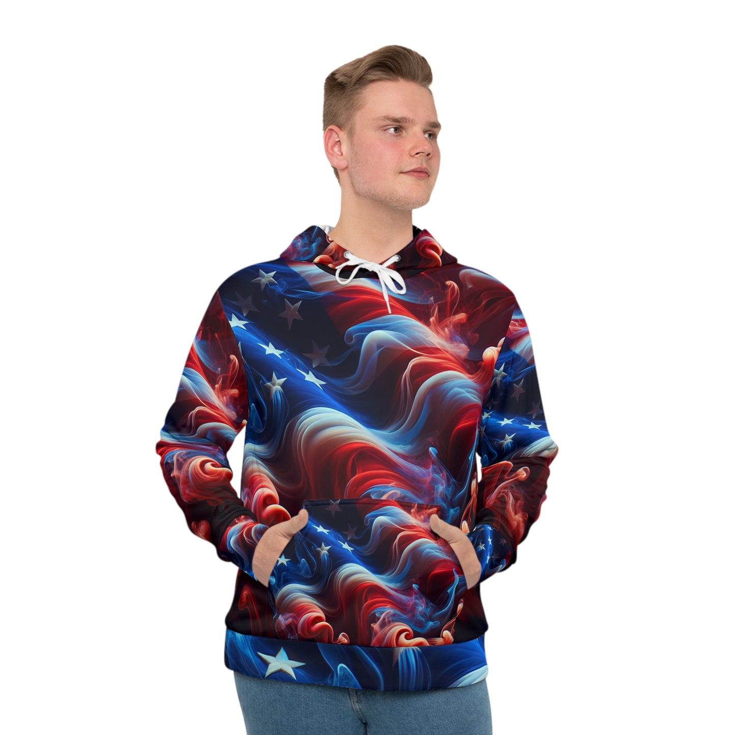 Mystical Dreamland USA Flag Infused Sweatshirt - Artistic Fluid Smoke Design Unisex Hoodie - Deep Red to Rich Blue Transitioning Colors