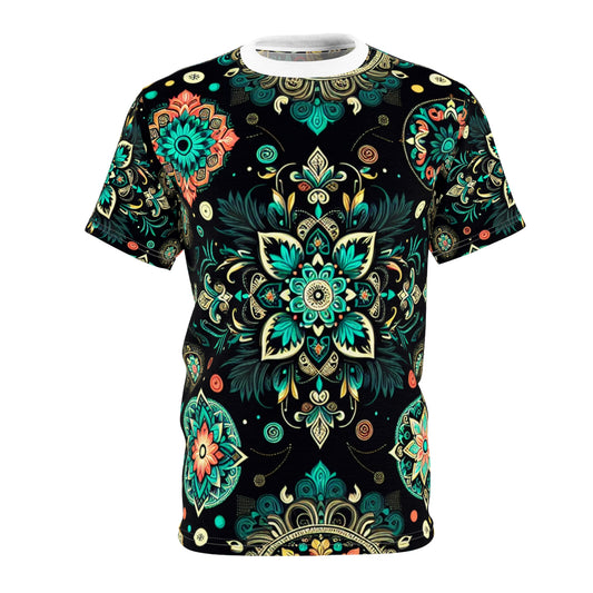 Neon UV Indian Motif Tee – Bioluminescent Floral & Geometric Glow Pattern on Black Shirt