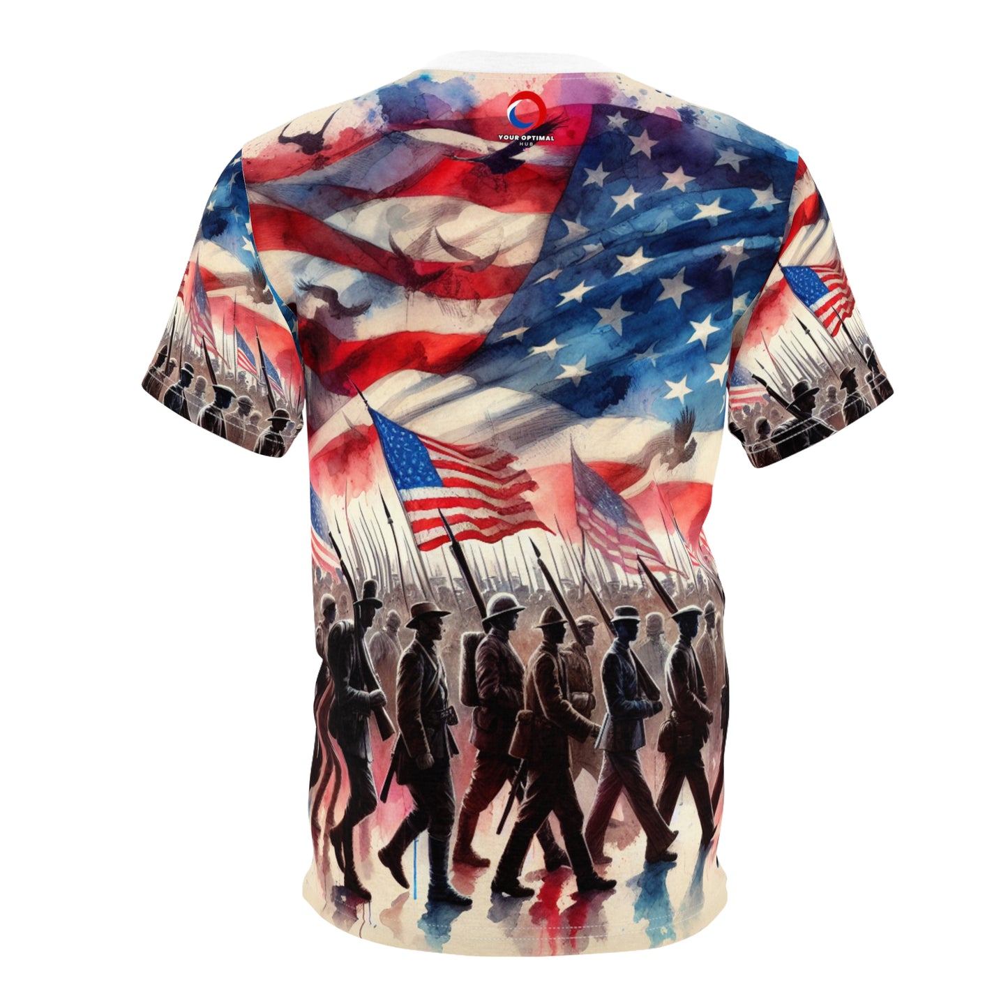 United We Stand: American Unity & Valor - Historical Soldier Silhouettes Watercolor Patriotic T-Shirt - Patriotic Streetwear Tee