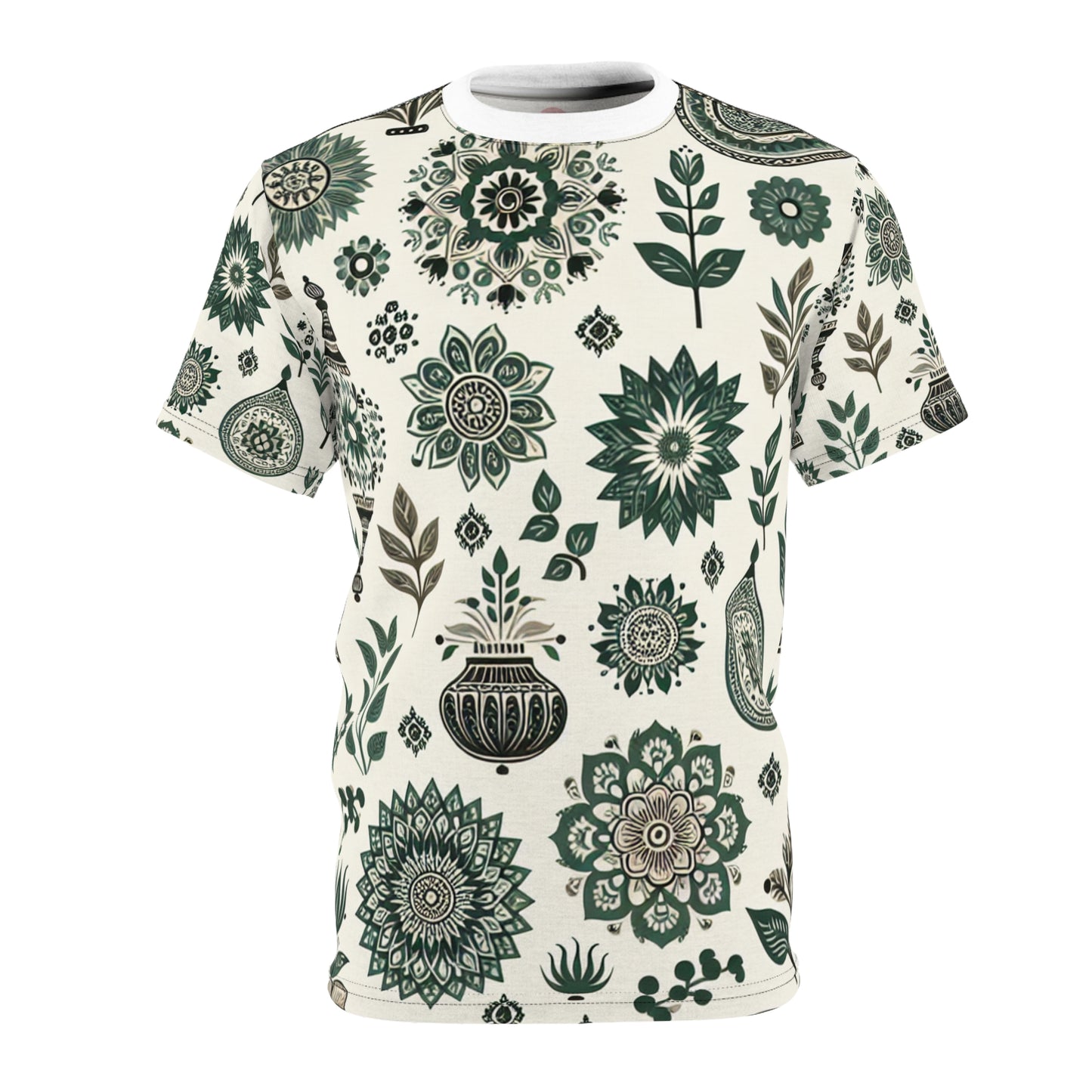 Classic Indian Heritage Motif Collection - Green & White Seamless Pattern T-Shirt - Traditional Floral & Geometric Shapes on Premium White Background