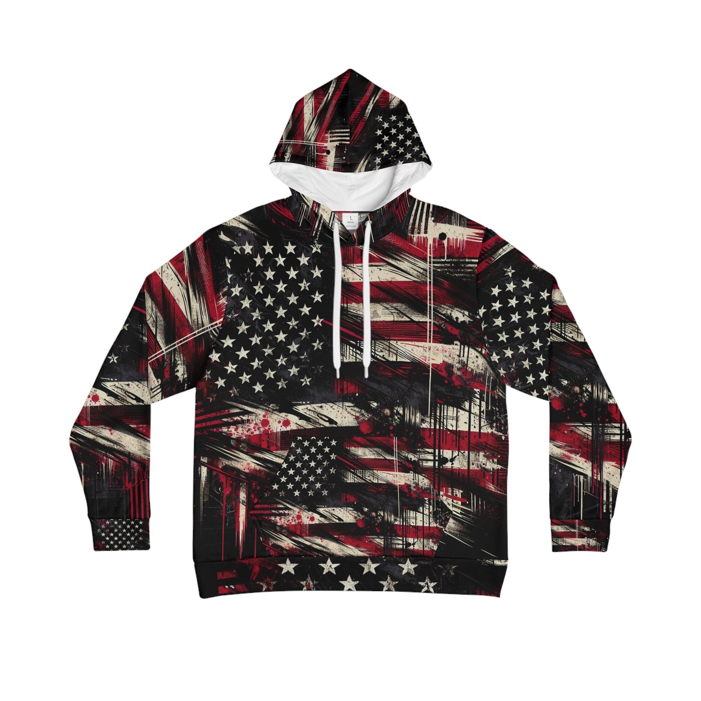 Grunge Glory USA Flag Hoodie - Edgy Streetwear Style, Patriotic Distressed Street Art Design, Urban Graffiti Splattered American Flag