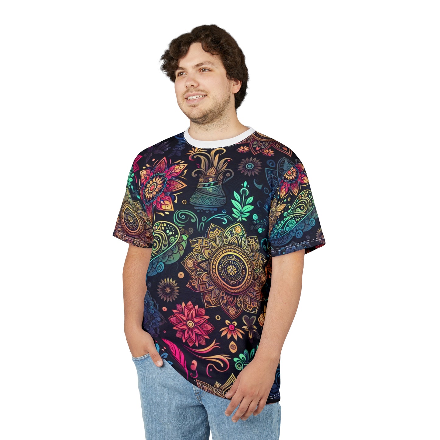 UV Reactive Indian Motif T-Shirt – Neon Bioluminescent Floral & Geometric Pattern on Black – Traditional Desi Style Glow Tee