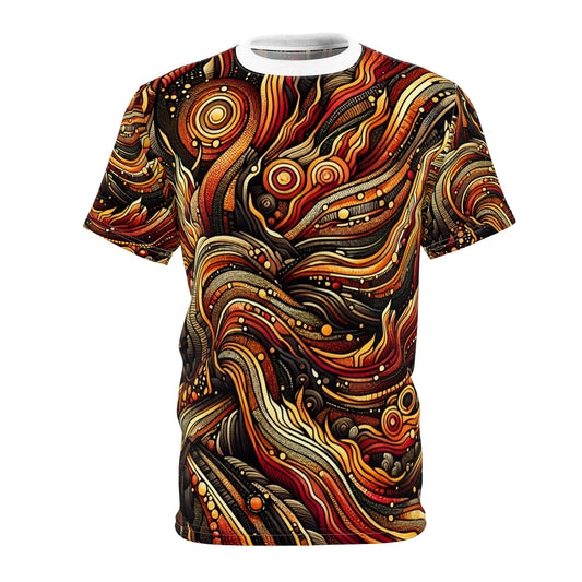 Aboriginal Art & Volcanic Eruption Inspired T-shirt - Fiery Storytelling Design - Ancestral Connection-Inspired Apparel