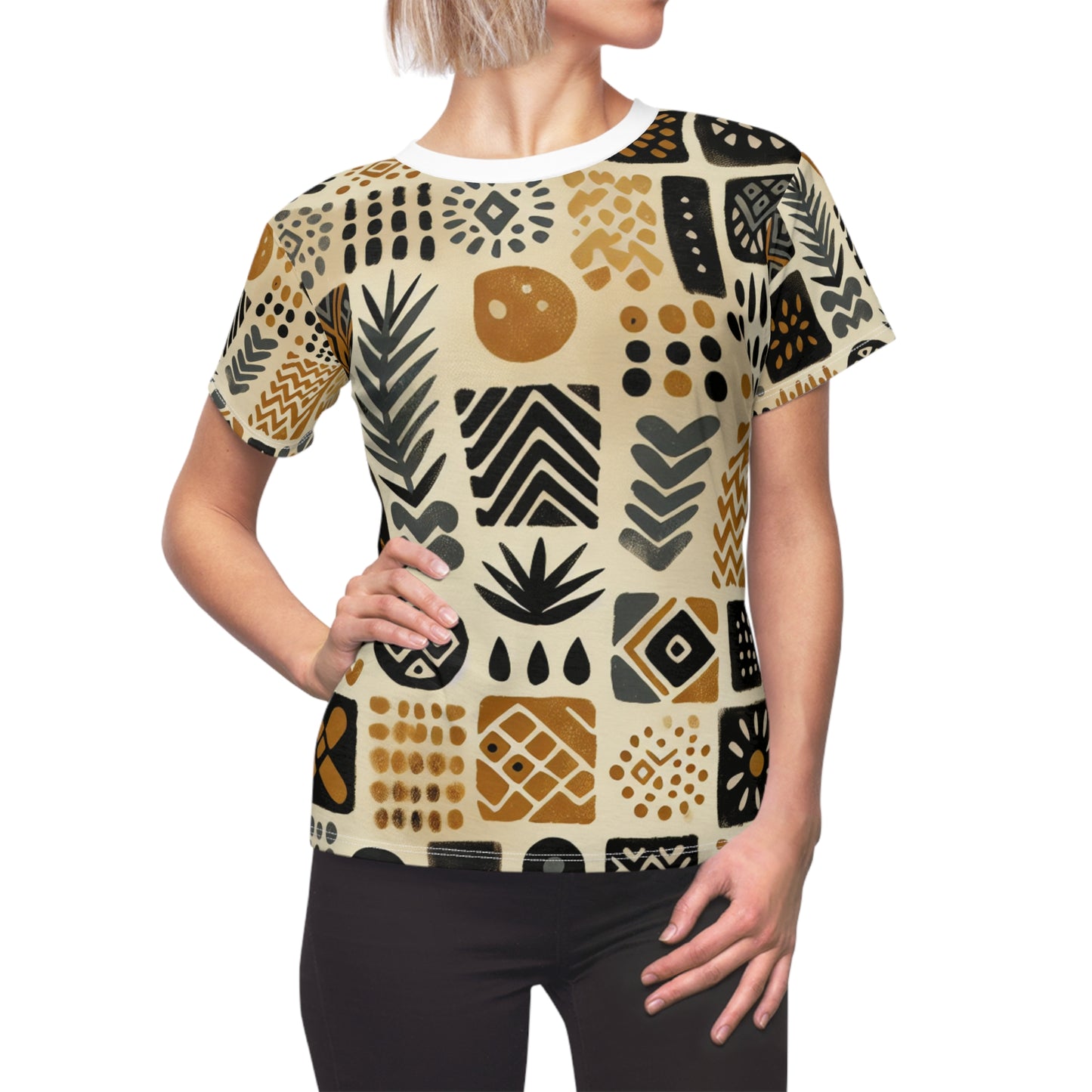 African Mud Cloth-Inspired Grid Tee, Handcrafted Women's T-Shirt in Ochre, Black & Red - African Tribal Pattern-Inspired