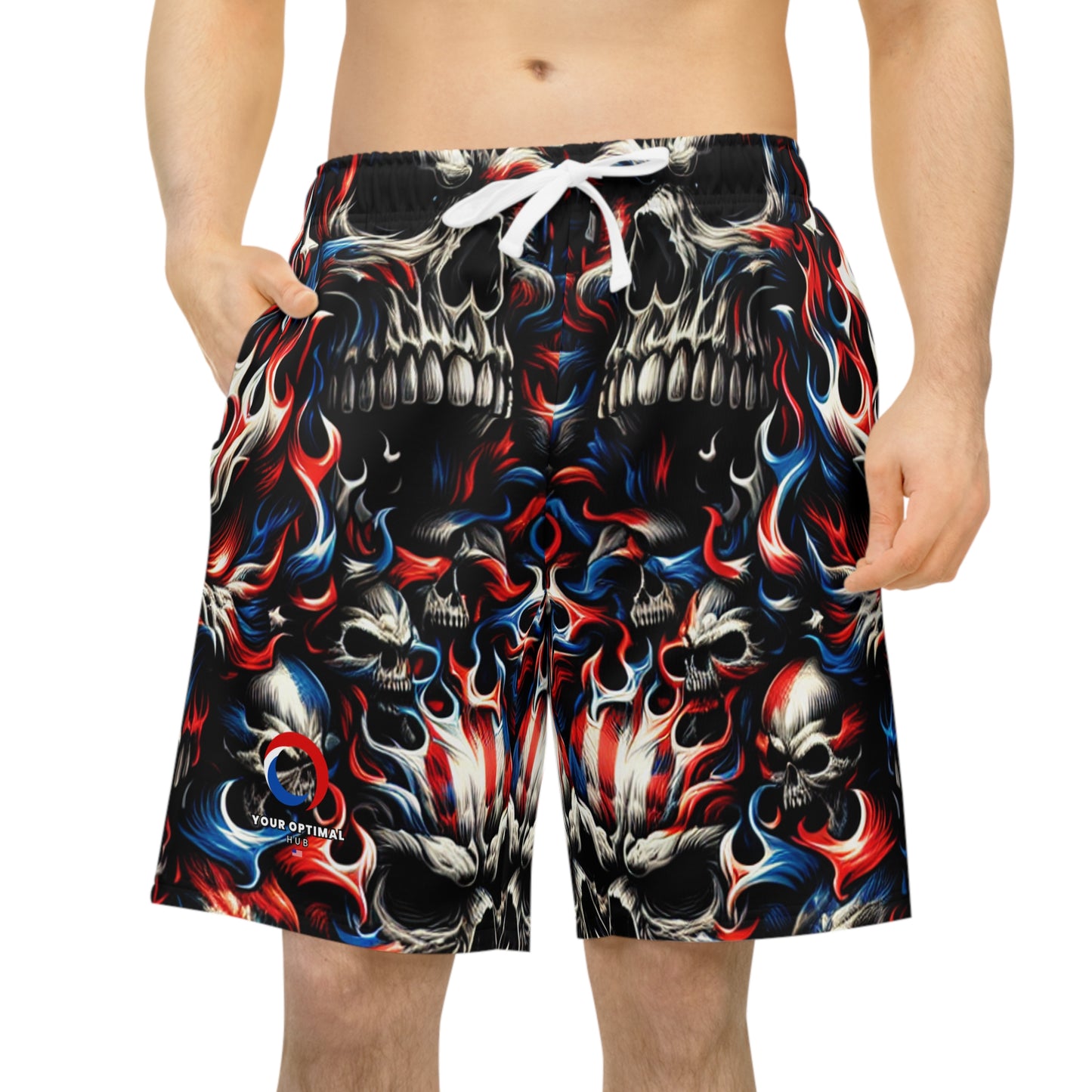 Patriotic Inferno: Skull Blaze Tattoo-Style Shorts - Patriotic Streetwear Shorts