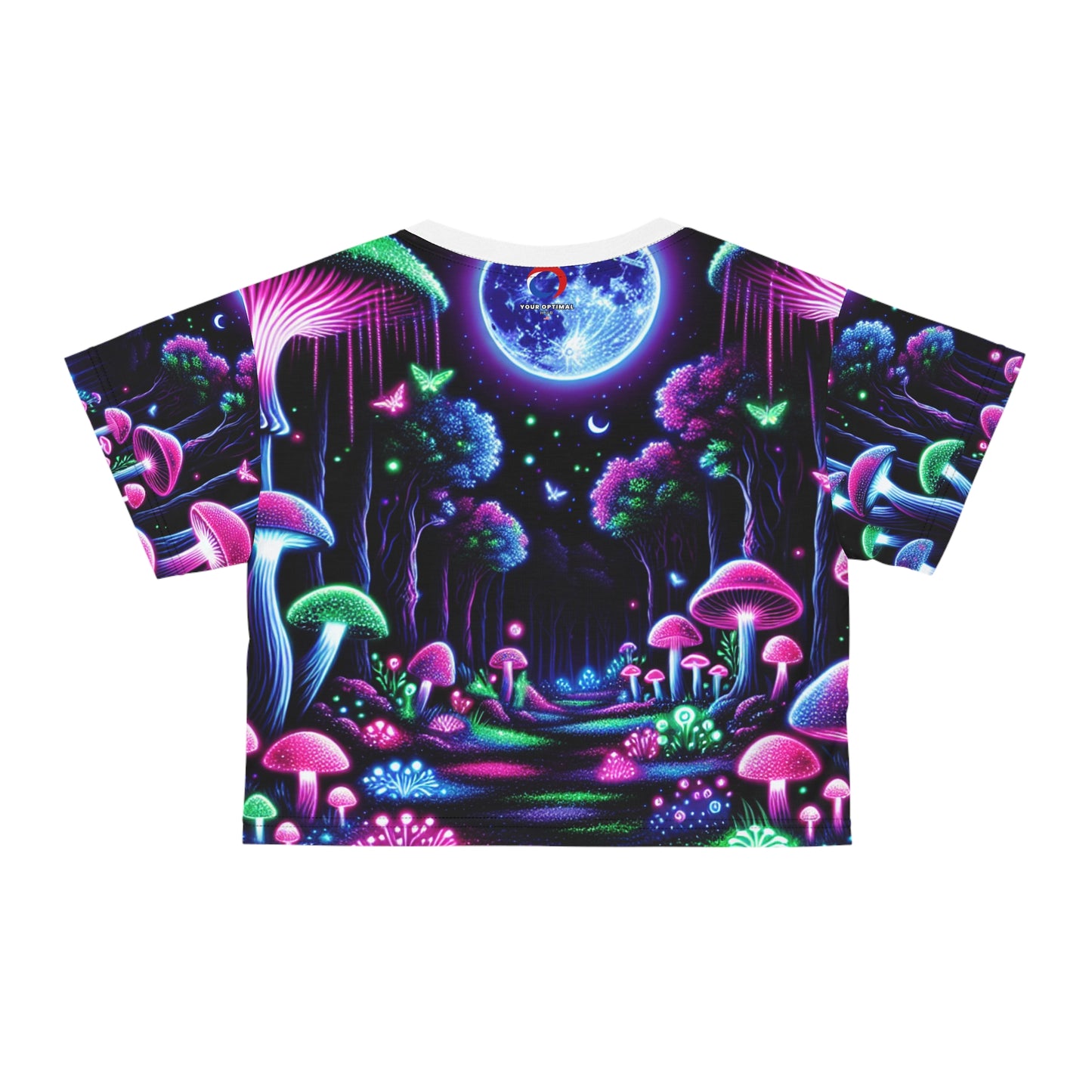 Glowing Moonlit Night Forest Crop Tee - Blacklight-Reactive, Neon Mushroom & Fireflies, Mystical Fashion - Women's Blacklight Tee