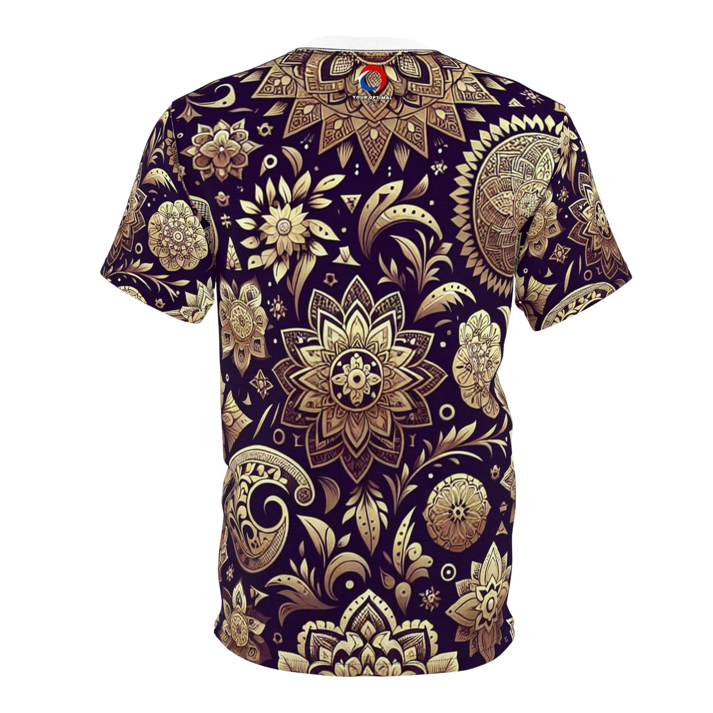 Premium Ethnic Gold & Purple T-Shirt with Traditional Indian Motifs - Seamless Pattern Design with Intricate Floral and Geometric Shapes - Luxurious Reflect Tee