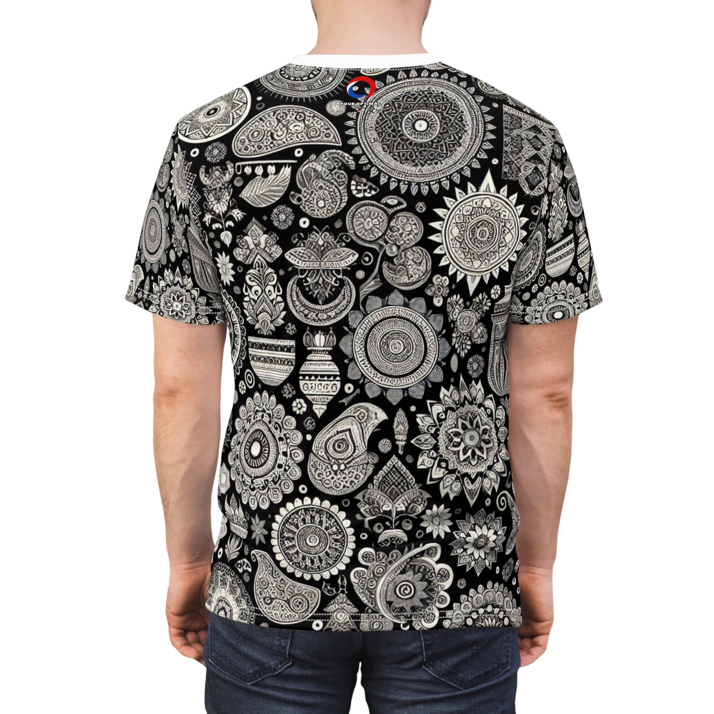 Black & White Indian Heritage Motif T-shirt - Intricate Traditional Designs with Modern Minimalist Aesthetic - Traditional Indian Motifs Tee