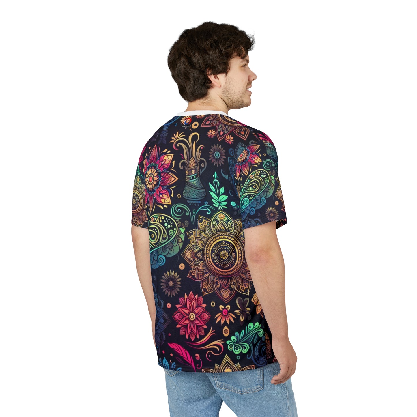 UV Reactive Indian Motif T-Shirt – Neon Bioluminescent Floral & Geometric Pattern on Black – Traditional Desi Style Glow Tee