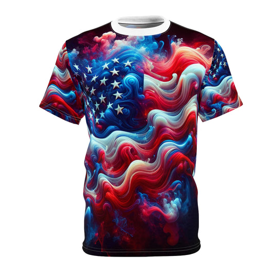 Captivating and Mystical American Flag T-shirt - Surreal, Smoke-Infused Artistic Design with Rich Color Transitions - Patriotic Streetwear Tee