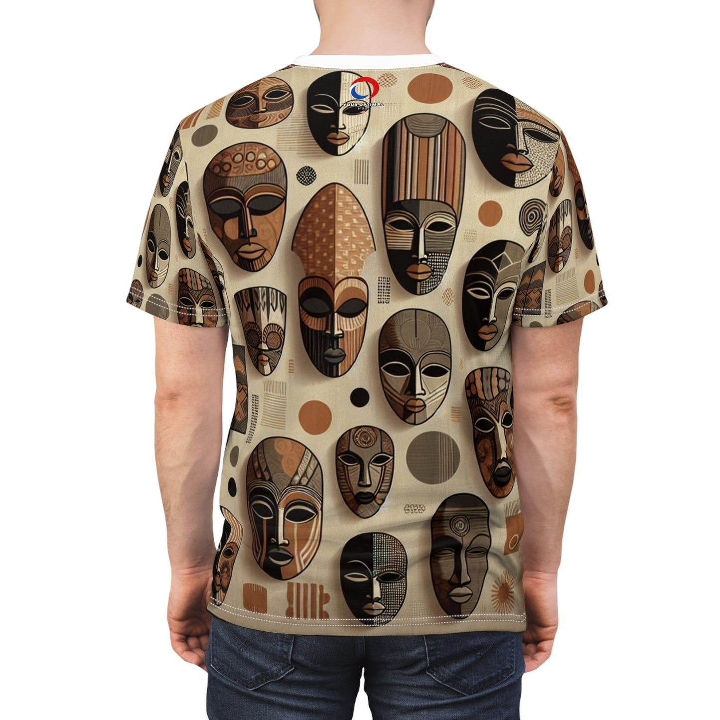 Modern African Heritage T-Shirt: Monochrome Masks in Rich Tapestry Design with Orange Accents - African Tribal Pattern-Inspired Tee