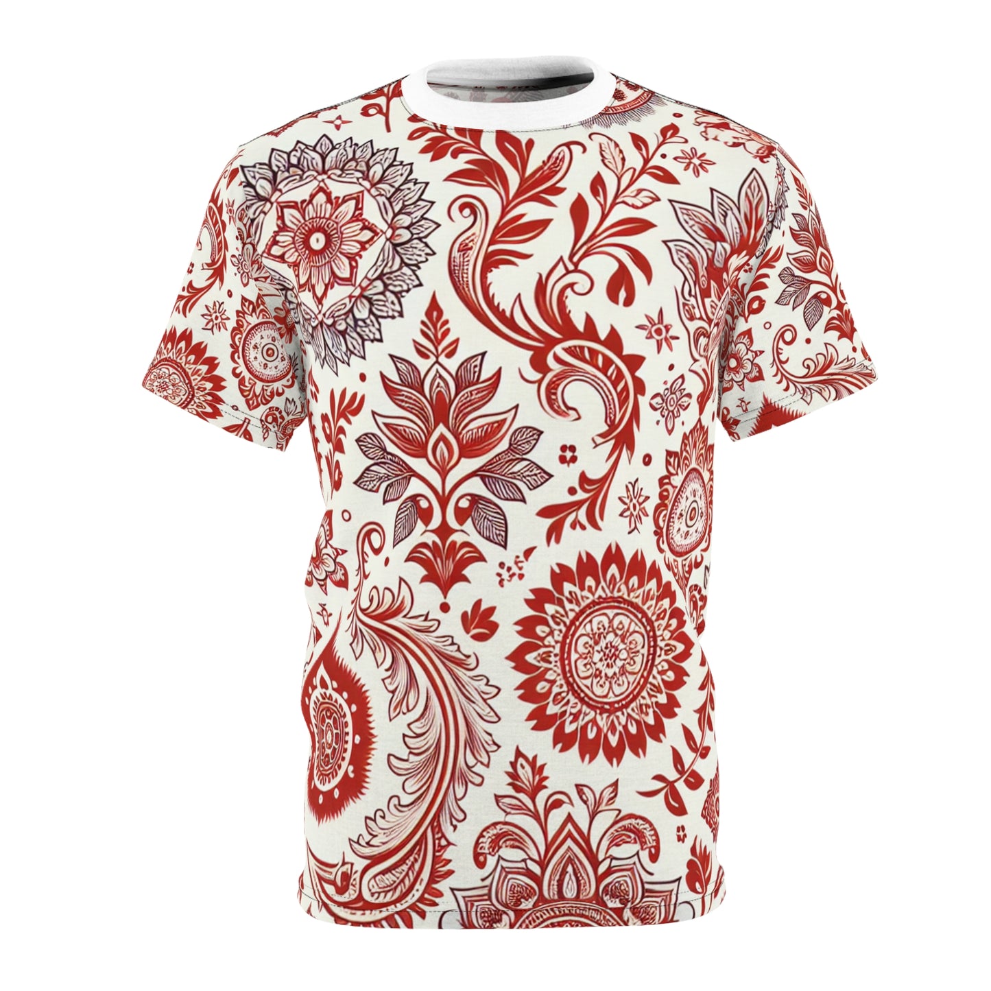 Classic Indian Motifs Scatter Pattern Premium Red-On-White T-Shirt: Seamless Design with Floral-Geometric Shapes - Traditional Indian Motifs Tee