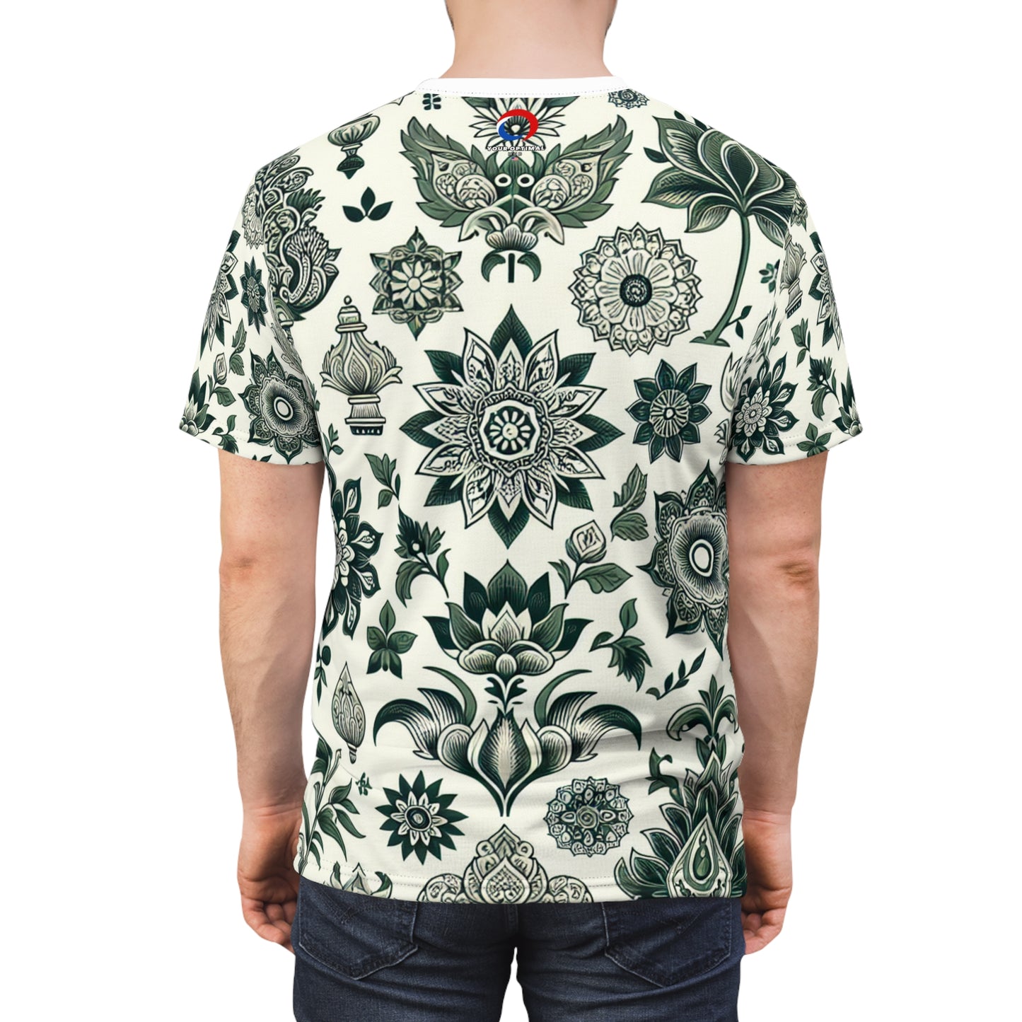 Traditionally Inspired Indian Motif Seamless Patterned T-shirt in White & Green - Intricately Designed Geometric & Floral Arrangement Tee