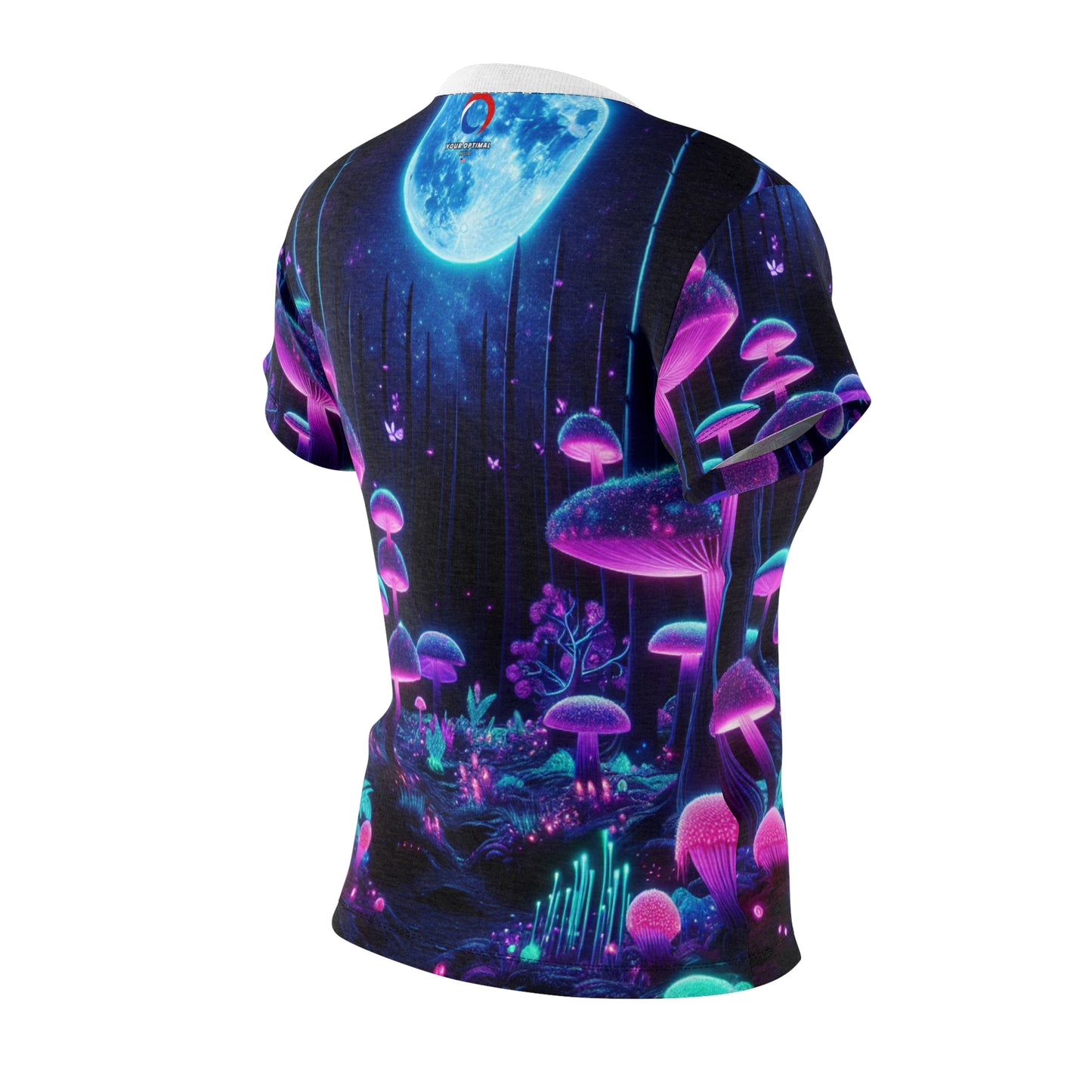 Psychedelic Forest Glow: Women's Blacklight-Responsive Tee, Vibrant Neon Mushroom & Bioluminescent Starry Night - Women's Blacklight T-shirt