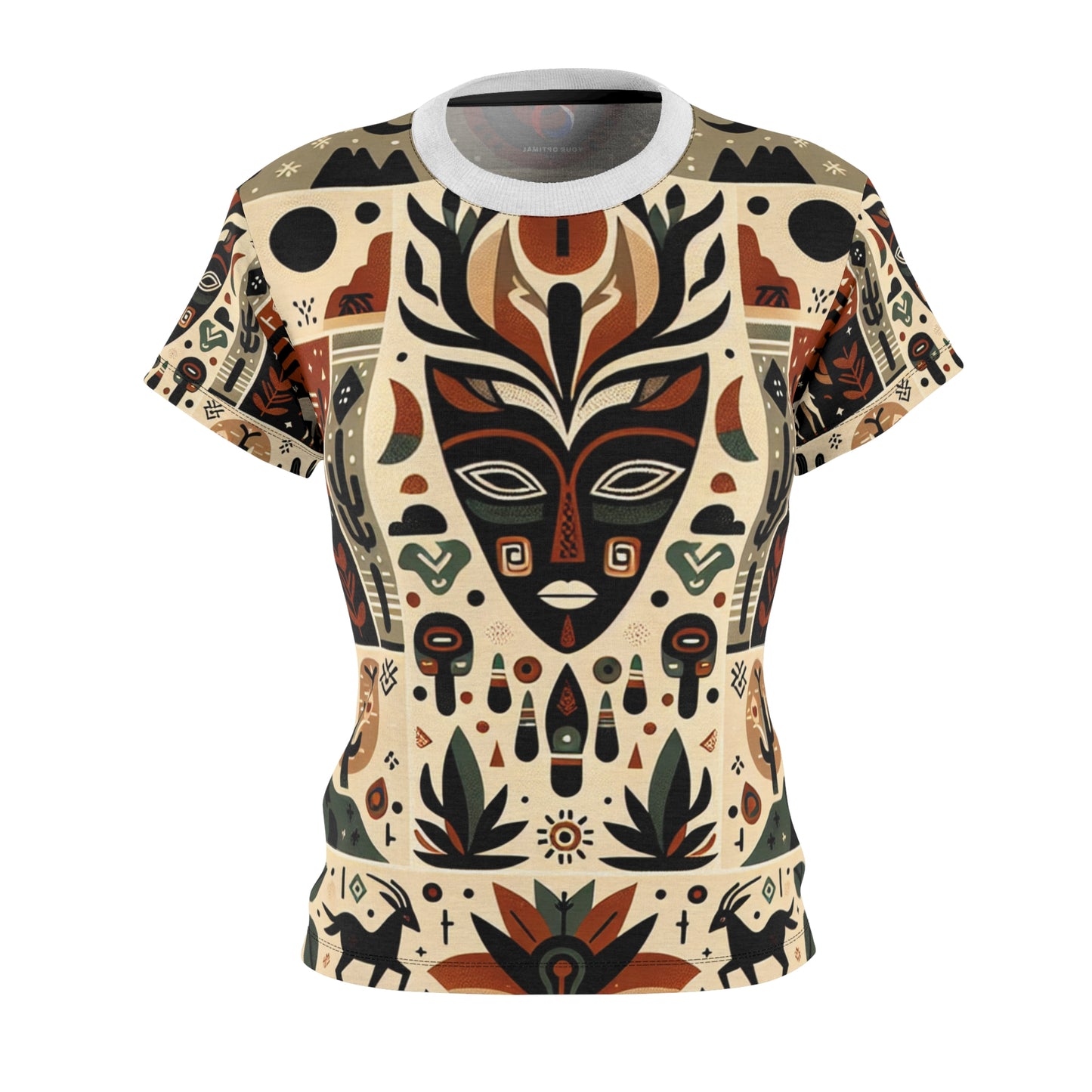 African & Southwestern Fusion Women's T-Shirt: Mythic Totem Design, Geometric Fauna & Flora Motifs - African Tribal Pattern-Inspired