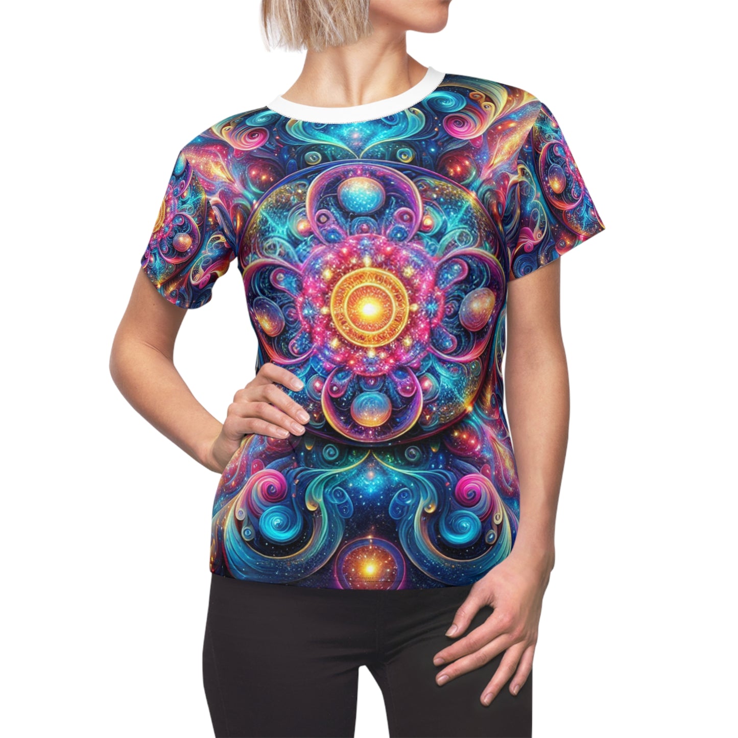 Luminous Cosmic Psychedelic Women's Tee - Dazzling Neon Kaleidoscopic Artwork on Dark Galaxy Background - Women's Trippy Tee