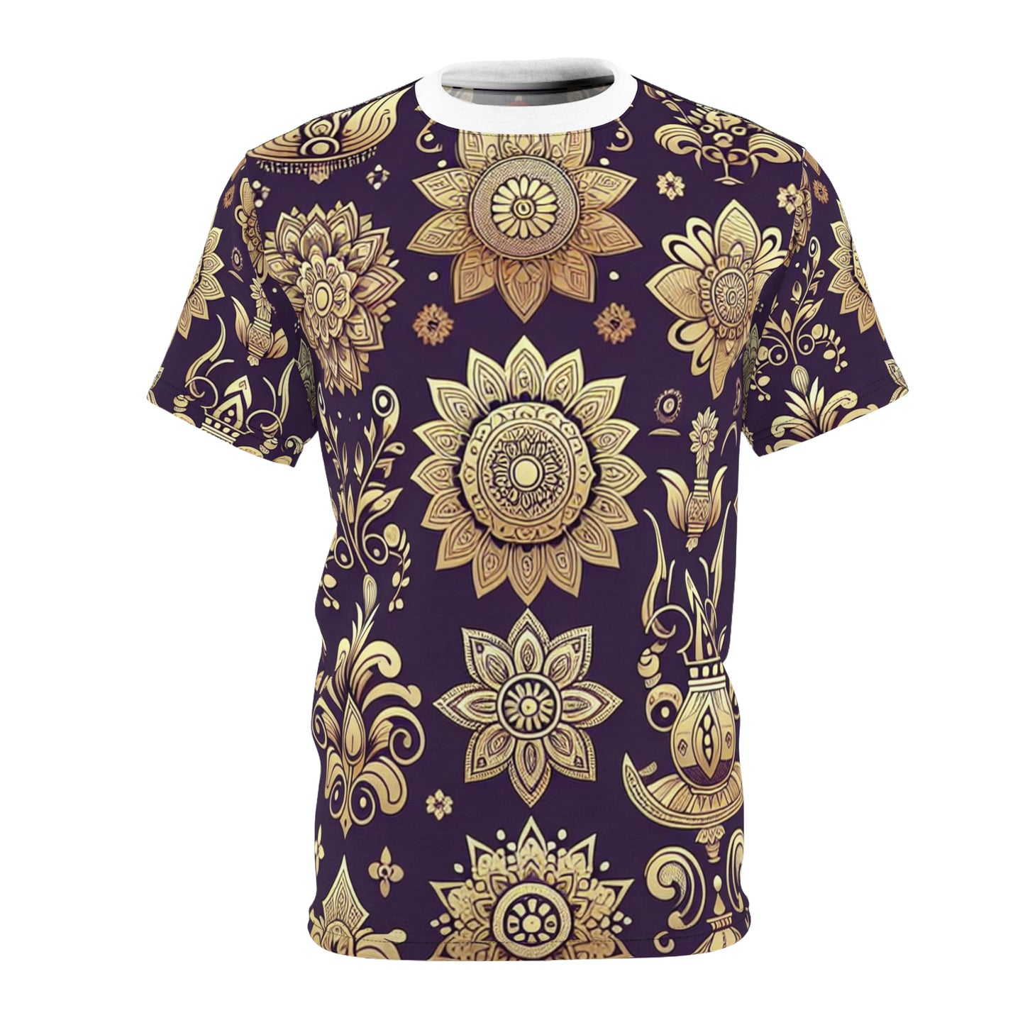 Traditional Indian Motifs Gold Reflections on Purple Seamless Pattern T-Shirt - Modern, Intricate Floral & Geometric Design Heritage Tee