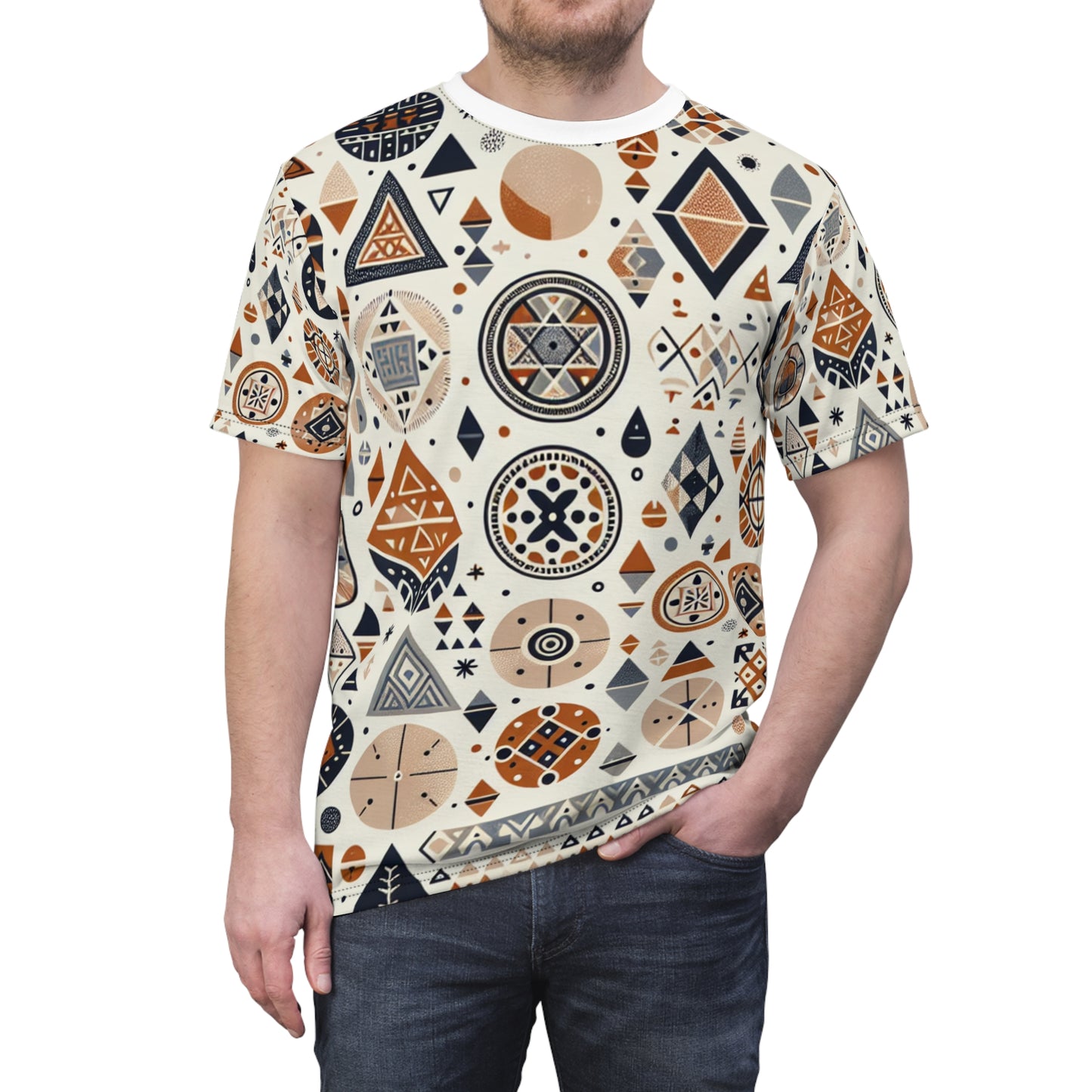 Berber Traditions Artistry Tee: Geometric Storytelling, Earthy Tone Tattoo-Inspired Design - African Tribal Pattern-Inspired