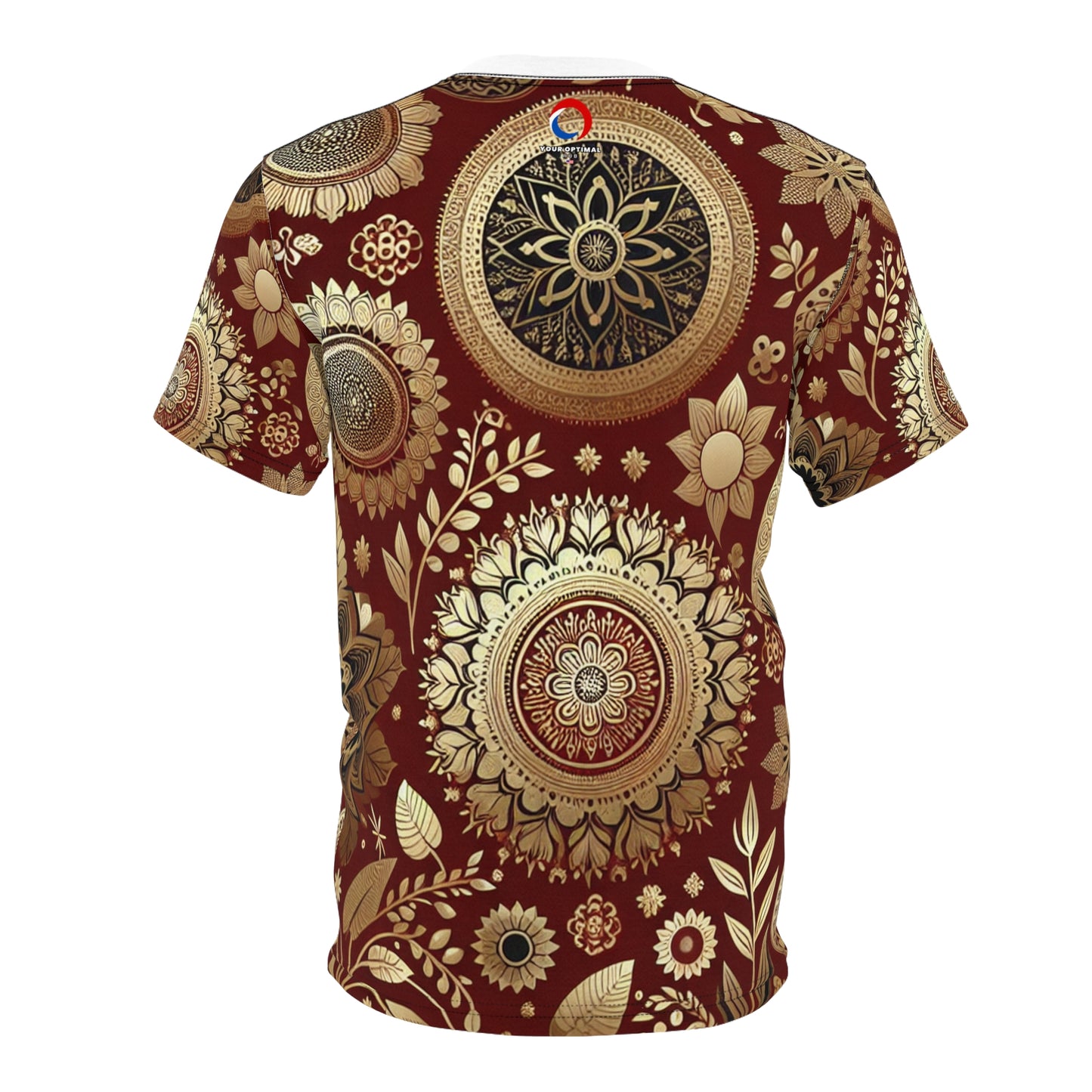 Traditional Indian Motif Artistry: Intricate Floral & Geometric Gold-on-Red Seamless Pattern T-Shirt - Indian Streetwear Apparel