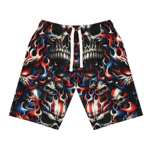 Patriotic Inferno: Skull Blaze Tattoo-Style Shorts - Patriotic Streetwear Shorts