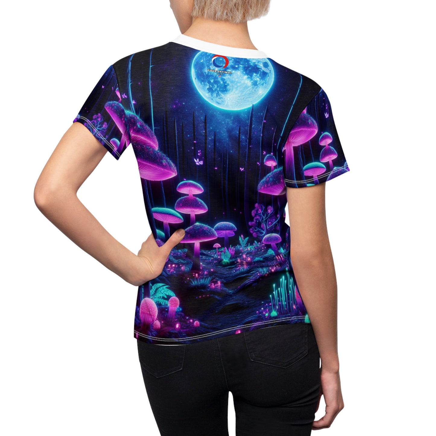 Psychedelic Forest Glow: Women's Blacklight-Responsive Tee, Vibrant Neon Mushroom & Bioluminescent Starry Night - Women's Blacklight T-shirt