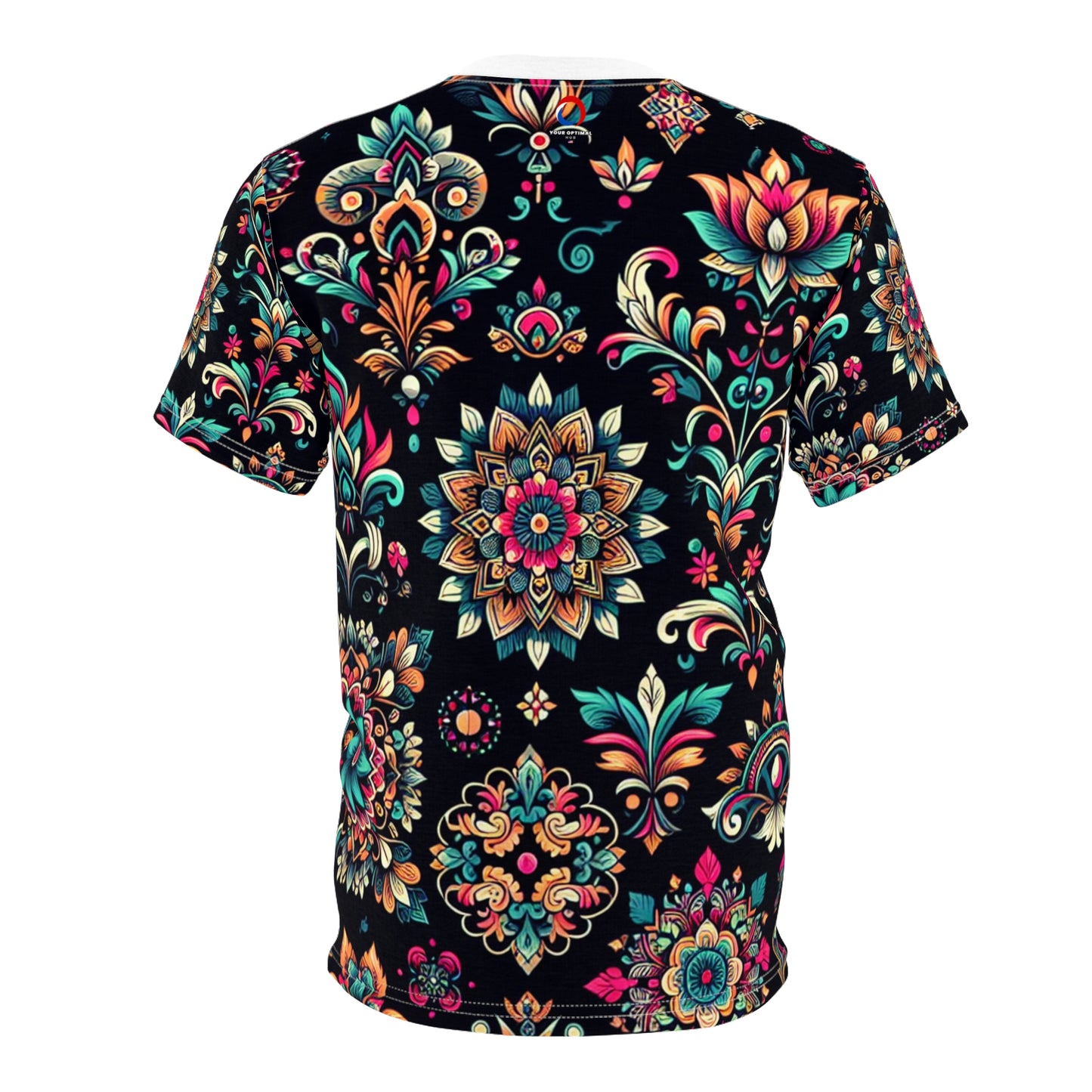 UV-Reactive Bioluminescent Bohemian T-Shirt featuring Scattered Neon Indian Motifs on Black Background