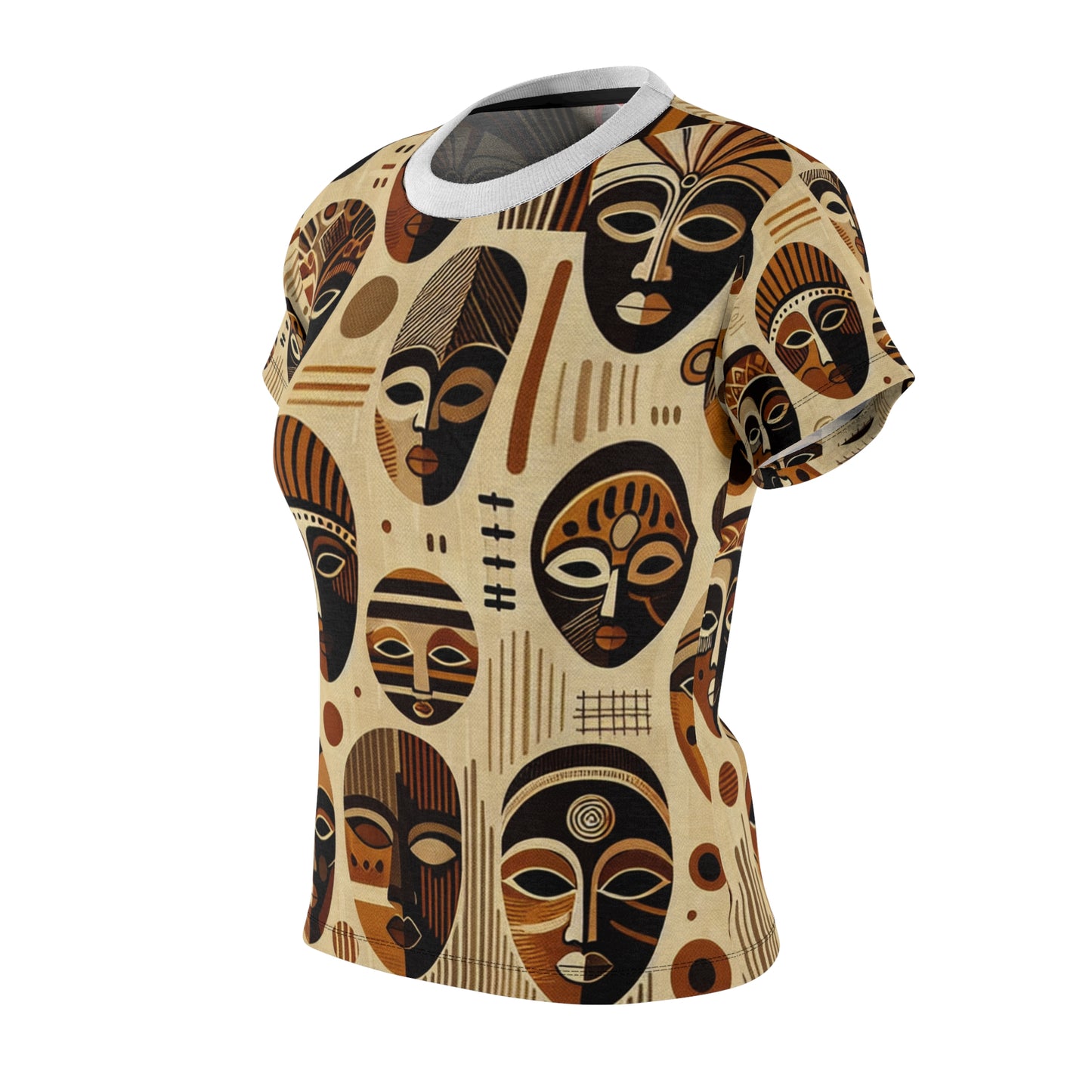 Elegant African Heritage Women's T-Shirt - Sophisticated Monochrome Mask Tapestry with Vivid Orange Accents - African Tribal Pattern-Inspired